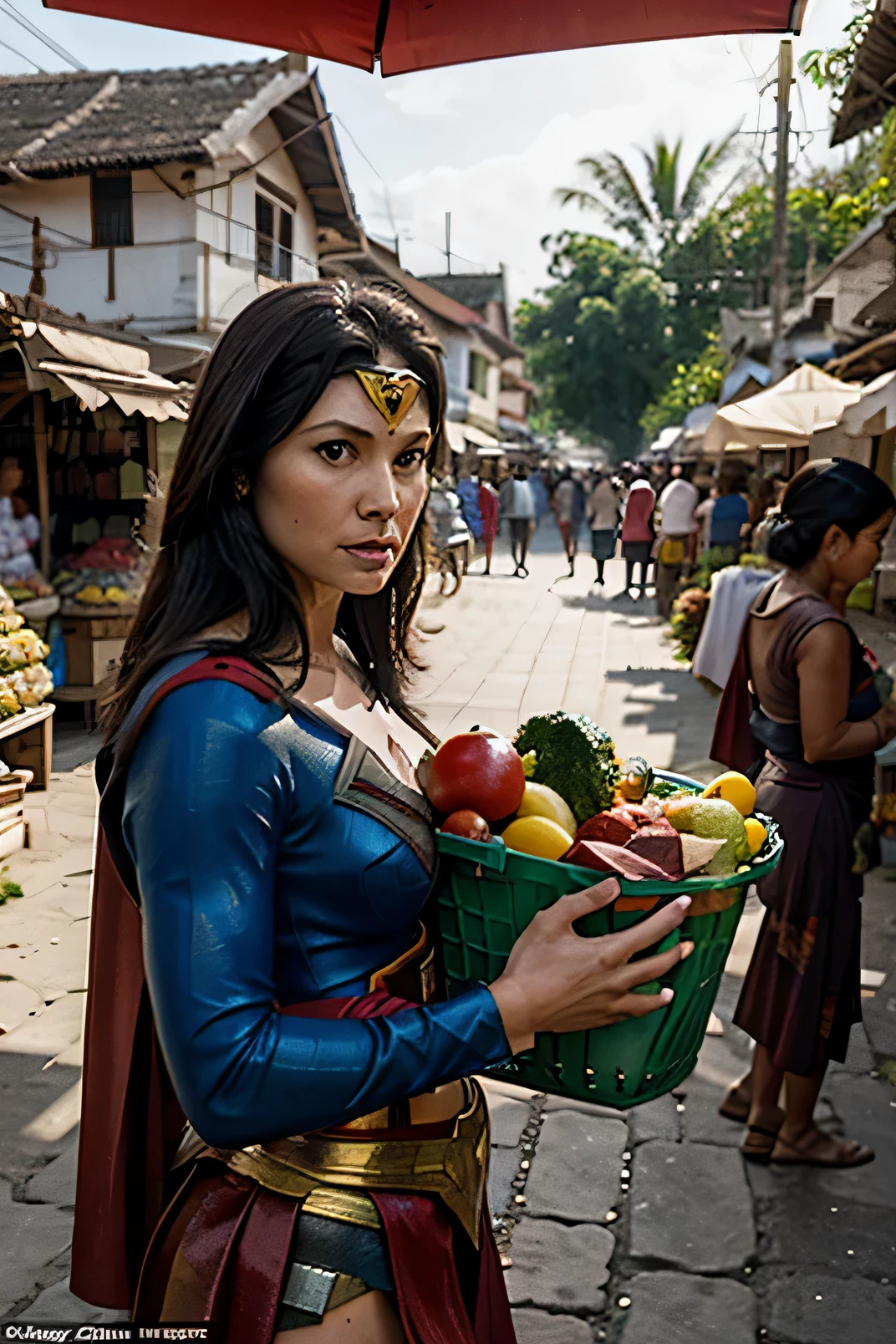 superman descends from the sky to a traditional market in a village in Indonesia followed by wonder woman continuing to shop for vegetables put in the shopping basket