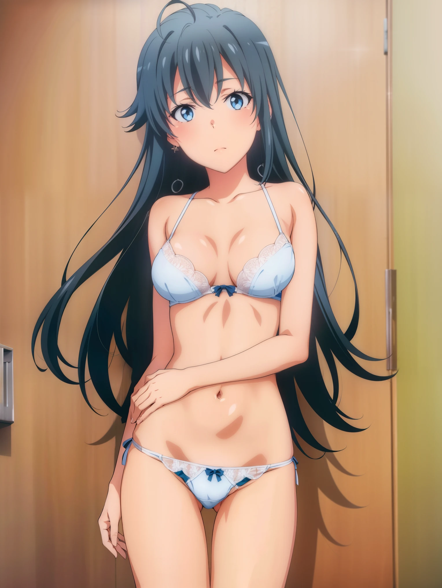 1 girl,Ocean,(yukih0sita yukino),underwear,(whole body:1,0),Are standing,long legs,barefoot,(Toe),(pussy cameltoe:1.0),(white bra),(White ruffled panties),