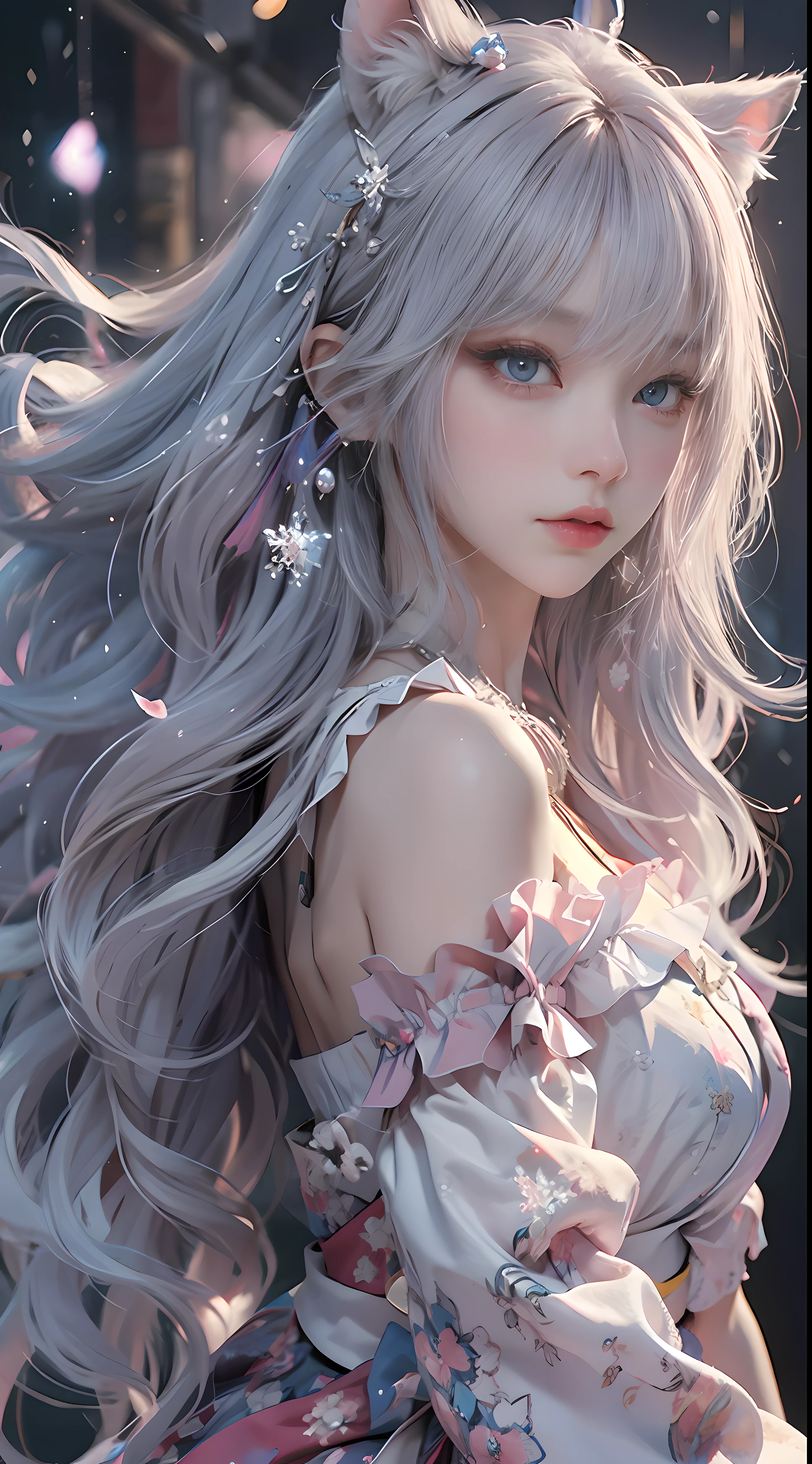 ((best quality)), ((masterpiece)), (detail:1.4), Beautiful cyberpunk Japanese female image,Sixteen years old, north african free trade area(high dynamic range),Ray tracing,NVIDIA RTX,super resolution,Unreal 5,subsurface scattering,PBR texture,Post-processing,Anisotropic filtering,depth of field,Maximum clarity and sharpness,Multi-layer textures,Albedo and specular maps,surface coloring,Mitsu-accurate simulation of material interactions,Perfect proportion,Render by Octane,dichroic light,Large aperture,Low ISO,white balance,Three rules、8K raw data、Beautiful bright red pupils,off shoulder clothing,excellent student,Exquisite face and eyes,long eyelashes,blush blush,Fine and fluffy hair,Light blue gradient on white hair,lips,pure,cute face,sweet girl,Artistic sense,casual wear,luxury,snowflake,petal,snowflake,Thorns snow background, beautiful hair accessories,Long hair to waist,hair blowing in the wind,snow white cat ears, curly