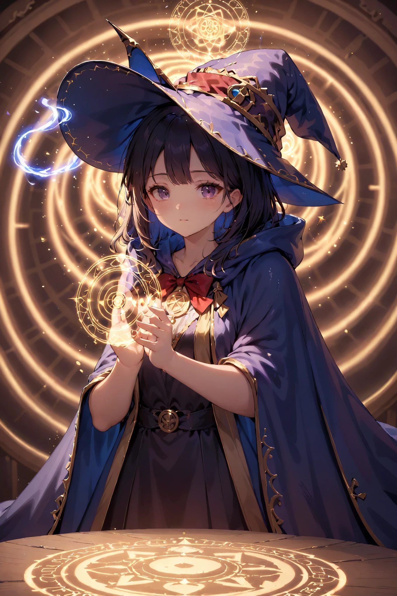 A girl, alone, wearing a wizard hat and a cloak, Magic Circle, spell, magic circle, soft particles, dimly lit chamber, fantasy, bokeh, depth of field, soft lighting, masterpiece, best quality.