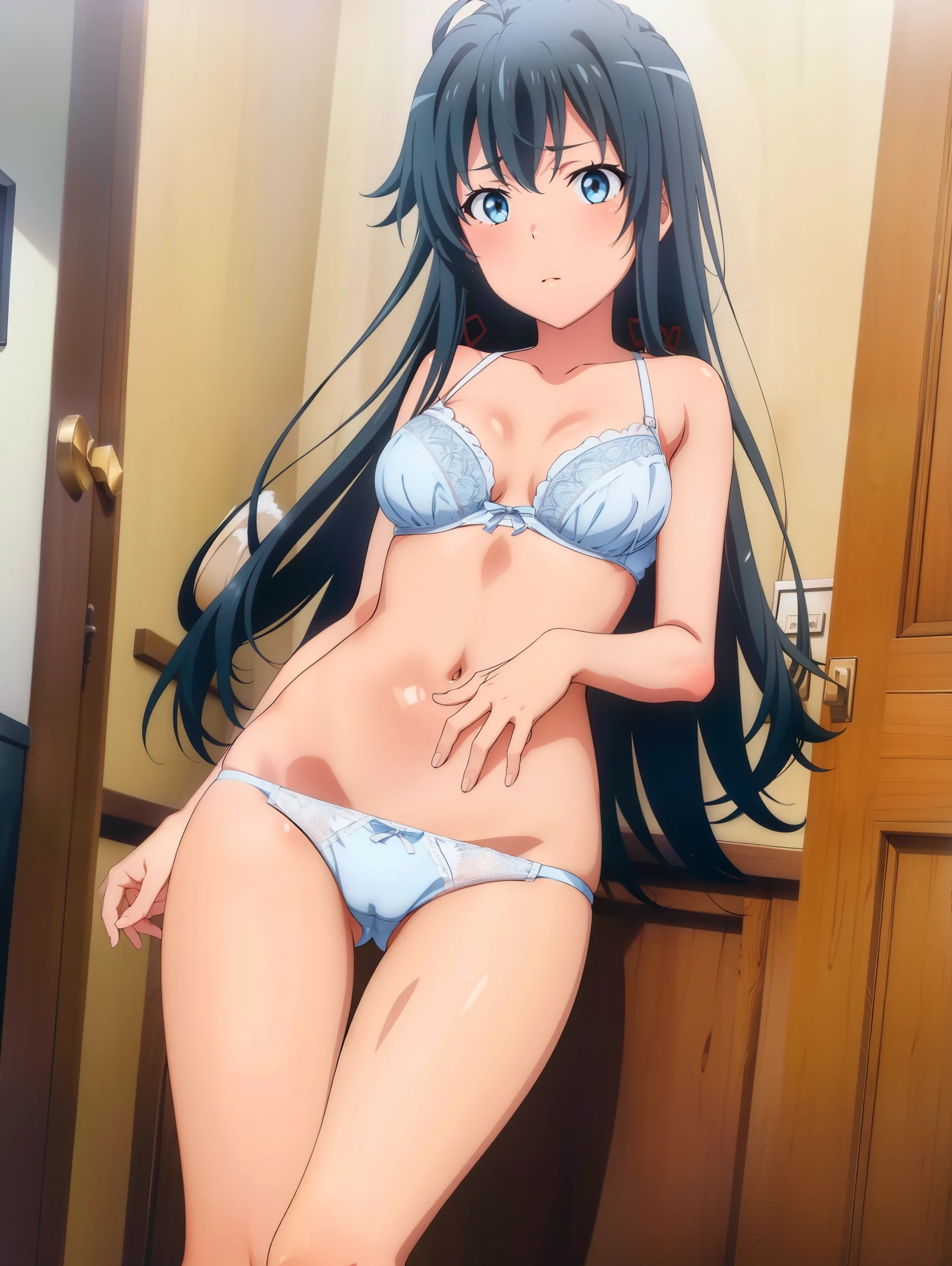 1 girl,Ocean,(yukih0sita yukino),underwear,(whole body:1,0),Are standing,long legs,barefoot,(Toe),(pussy cameltoe:1.0),(white bra),(White ruffled panties),