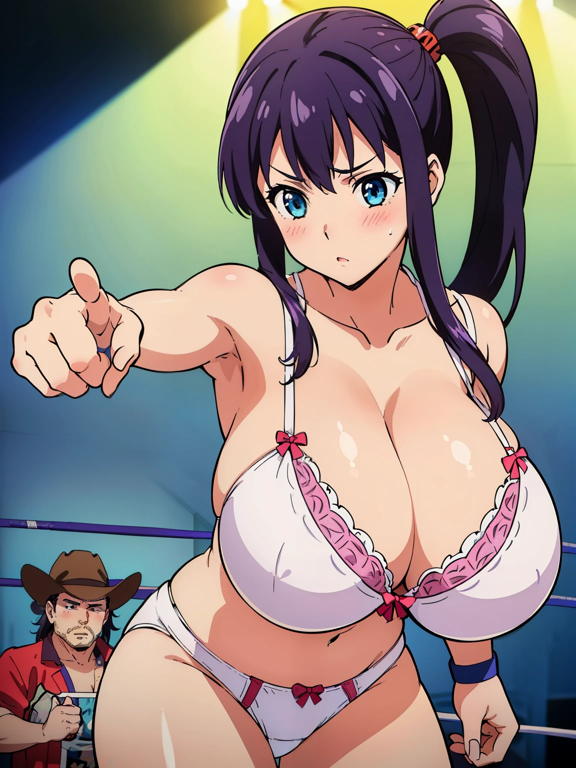 (1girl:1.6), Anime cel drawing style, Best Quality, High resolution, (gigantic breasts:1.6), (bra, string white panties:1.4), Blue eyes, Purple hair, Bangs, Side Ponytail, Hair Ornament, blush, embarrassed, reluctant, looking at viewer, (cowboy shot:1.6), (professional wrestling ring:1.5), (fighting stance:1.3), (perfect hands),
