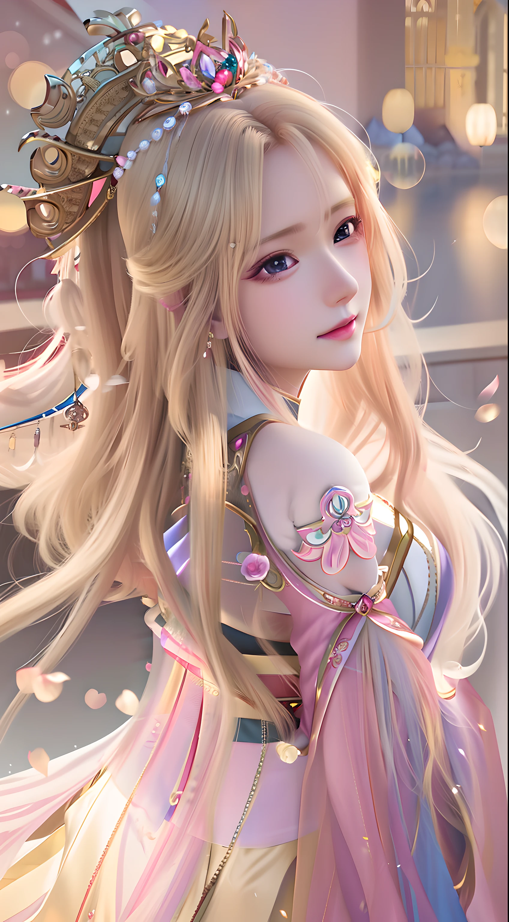 One wearing TIA and pink dress、Blonde lady with long hair, ((beautiful fantasy queen)), anime goddess, beautiful fantasy queen, ethereal beauty, Gurwitz, beautiful anime girl, palace ， A girl wearing Hanfu, beautiful fantasy girl, Beautiful anime style, Beautiful anime woman, beautiful figure painting, Beautiful and seductive anime woman, Beautiful teenage girl, anime princess