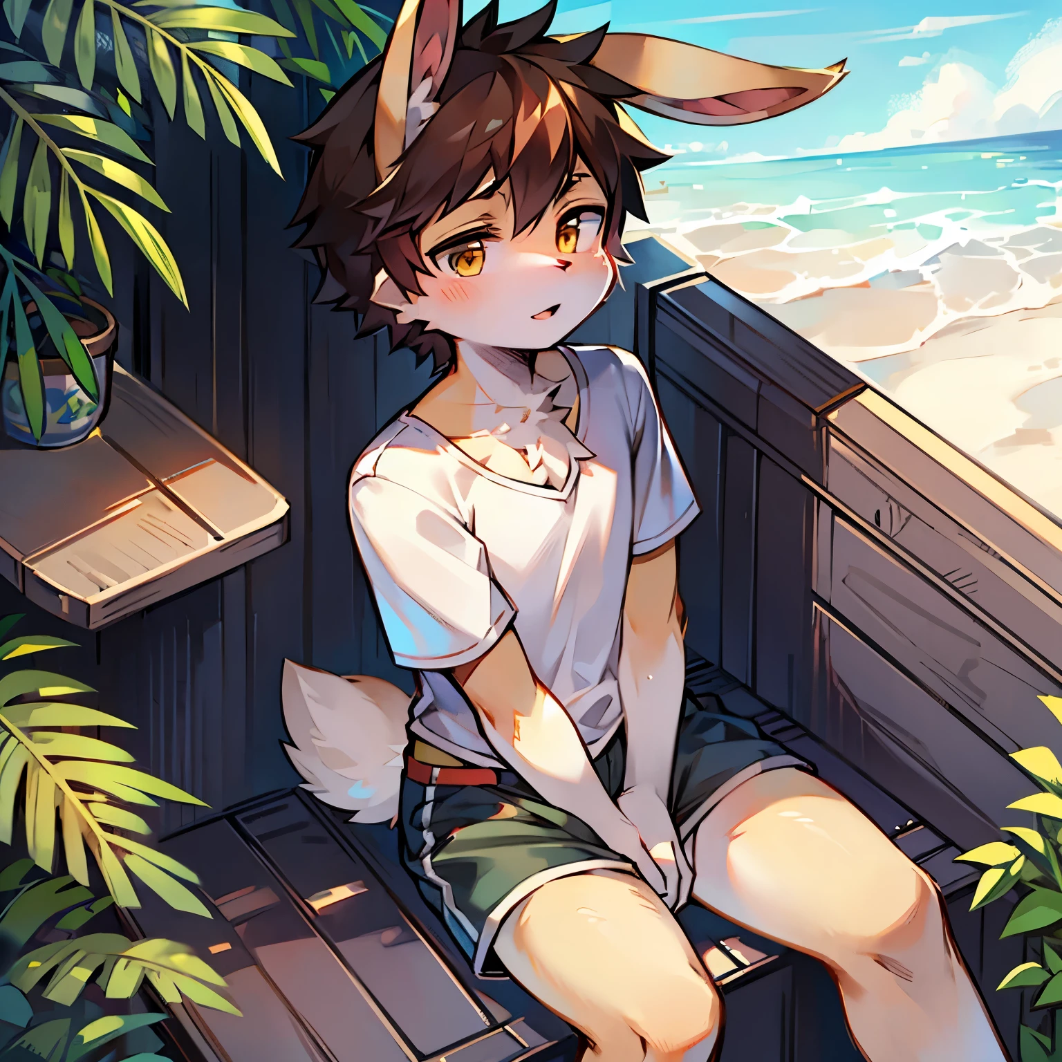 Bright outside,bunny boy,bunny ears,male focus,furry men,Characteristics of a three-year-old boy,One meter and five heights,Short sleeves in summer,shorts,sitting position