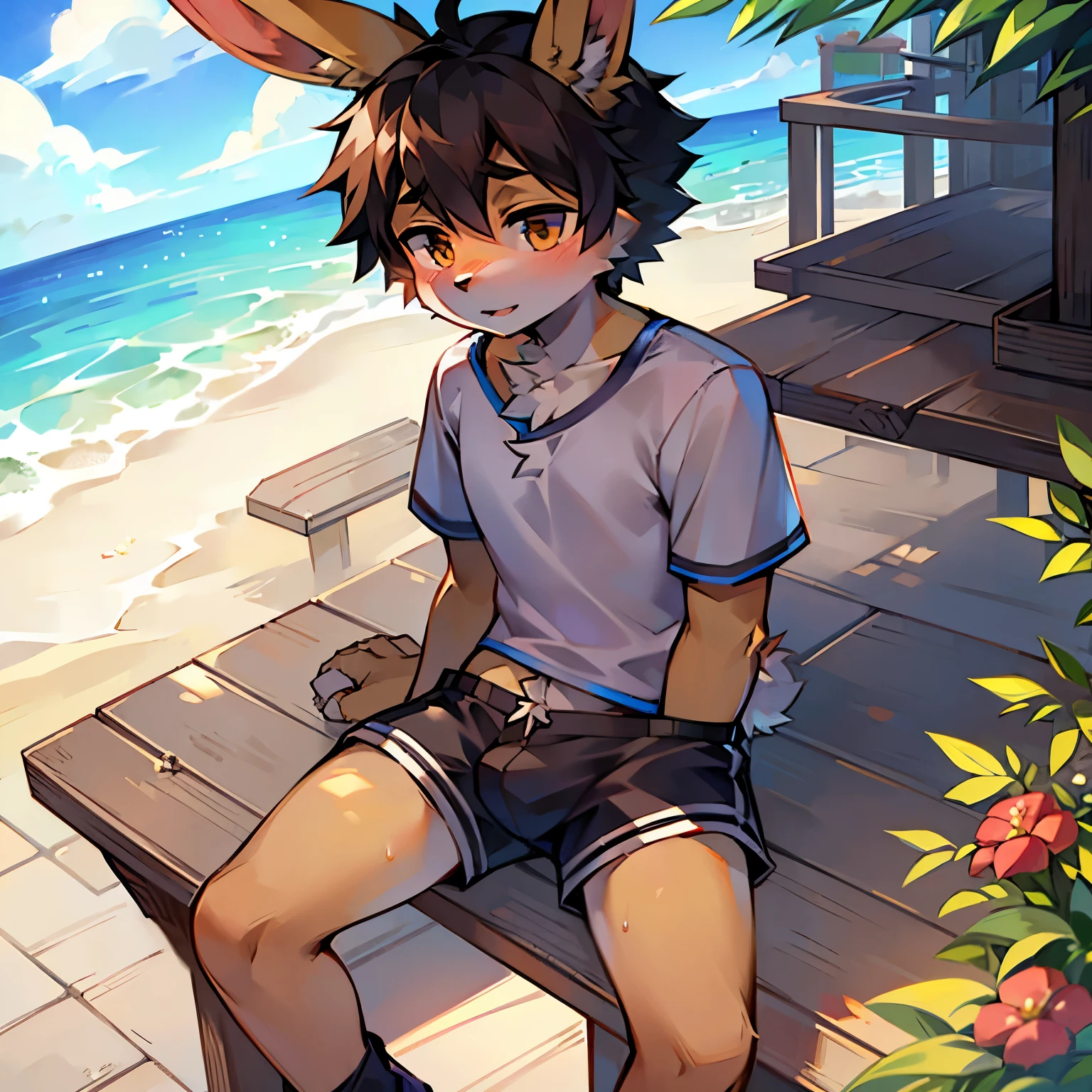 Bright outside,bunny boy,bunny ears,male focus,furry men,Characteristics of a three-year-old boy,One meter and five heights,Short sleeves in summer,shorts,sitting position