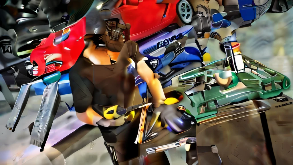 Alafid man repairs car with hammer in garage, mechanical, in the workshop, Instagram post, very consistent, fix another, professional work, with mechanicalal arms that fix it, mechanicals, extremely complex, great masterpiece, Inspired by Eugene LeRoy, see all the details, mid body shot, hand-made，Complete the two cars behind