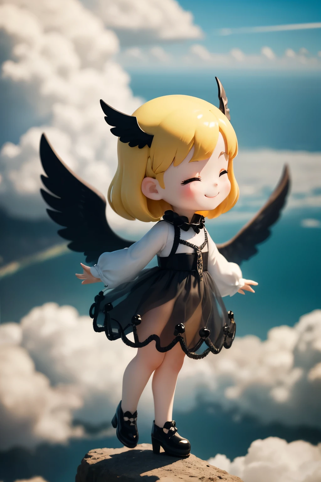 Blonde girl with black wings and black pearls in a white dress of transparent thin fabric、Shine、Flying above the clouds、smile、From the side