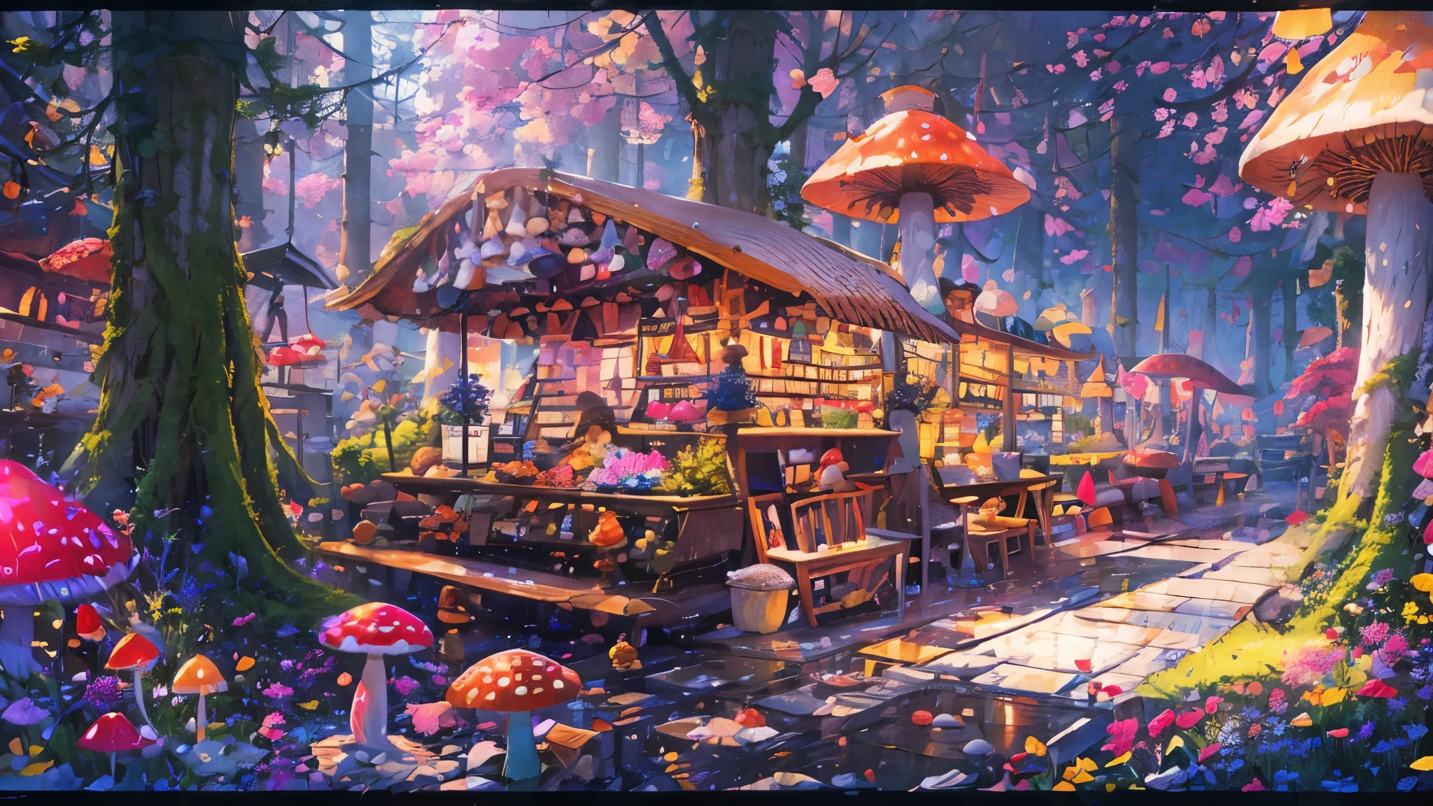 (Masterpiece), best quality, 8k, panoramic view, forest, majestic trees, colorful mushrooms, commerce, benches, fruit market