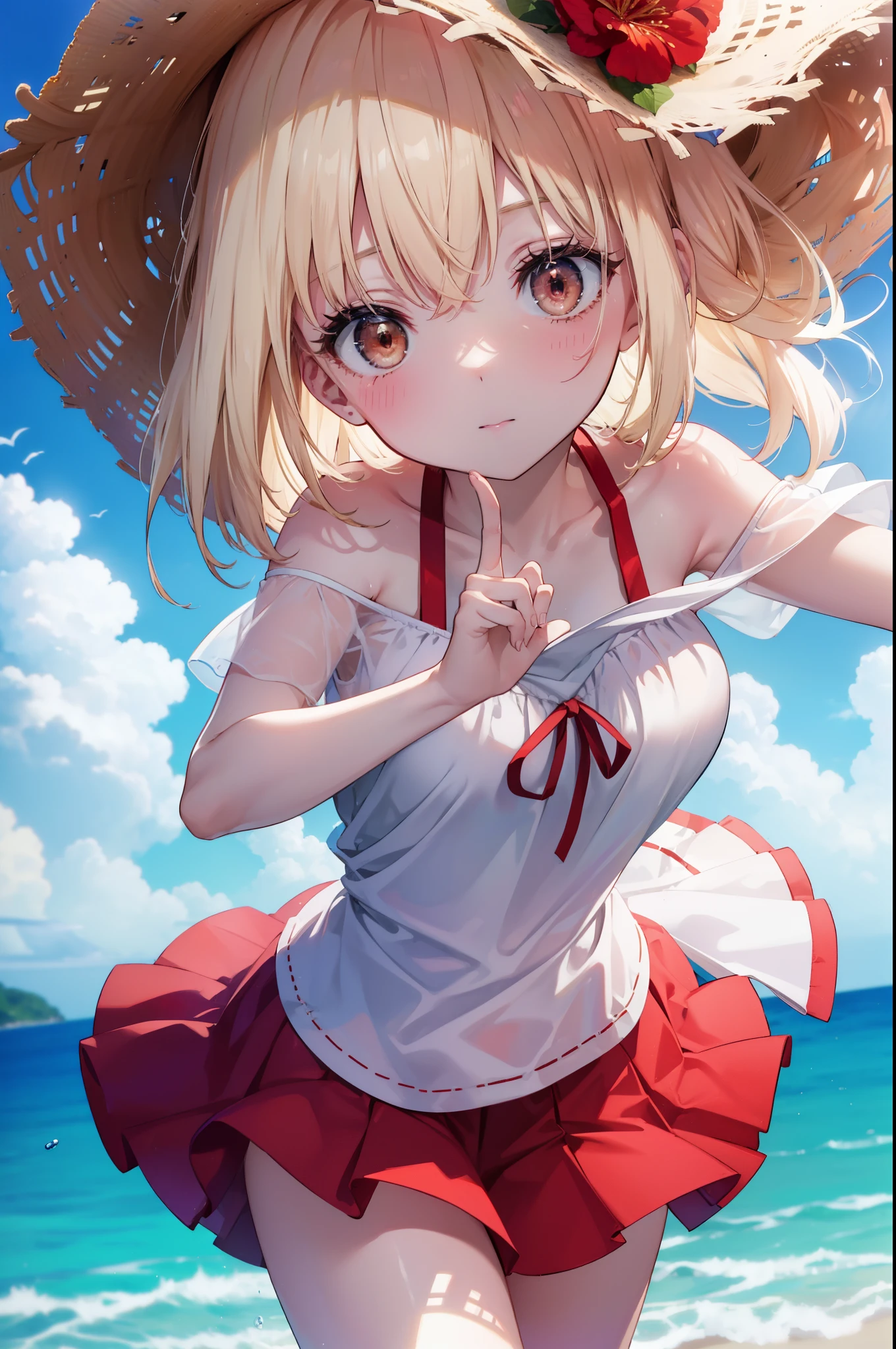 chisatonishikigi, nishikigi chisato,long hair , bangs, blonde hair, (red eyes:1.5), ,smile,blush,open your mouth,Big straw hat,off shoulder dress,long skirt,naked neck,bare shoulders,bare clavicle,Grabbing the skirt with both hands and lifting it up,barefoot,beachの砂浜を散歩しながら,Blonde hair waving in the breeze, true summer,Light of the sun,
break outdoors,beach ,
break looking at viewer, (cowboy shot:1.5),
break (masterpiece:1.2), highest quality, High resolution, unity 8k wallpaper, (figure:0.8), (detailed and beautiful eyes:1.6), highly detailed face, perfect lighting, Very detailed CG, (perfect hands, perfect anatomy),