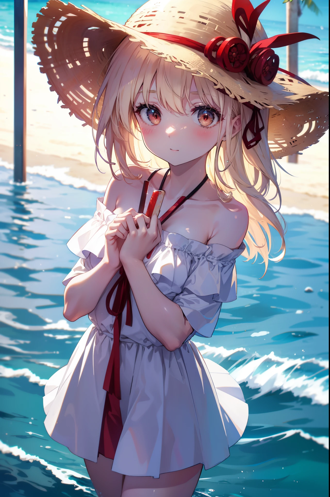 chisatonishikigi, nishikigi chisato,long hair , bangs, blonde hair, (red eyes:1.5), ,smile,blush,open your mouth,Big straw hat,off shoulder dress,long skirt,naked neck,bare shoulders,bare clavicle,Grabbing the skirt with both hands and lifting it up,barefoot,beachの砂浜を散歩しながら,Blonde hair waving in the breeze, true summer,Light of the sun,
break outdoors,beach ,
break looking at viewer, (cowboy shot:1.5),
break (masterpiece:1.2), highest quality, High resolution, unity 8k wallpaper, (figure:0.8), (detailed and beautiful eyes:1.6), highly detailed face, perfect lighting, Very detailed CG, (perfect hands, perfect anatomy),