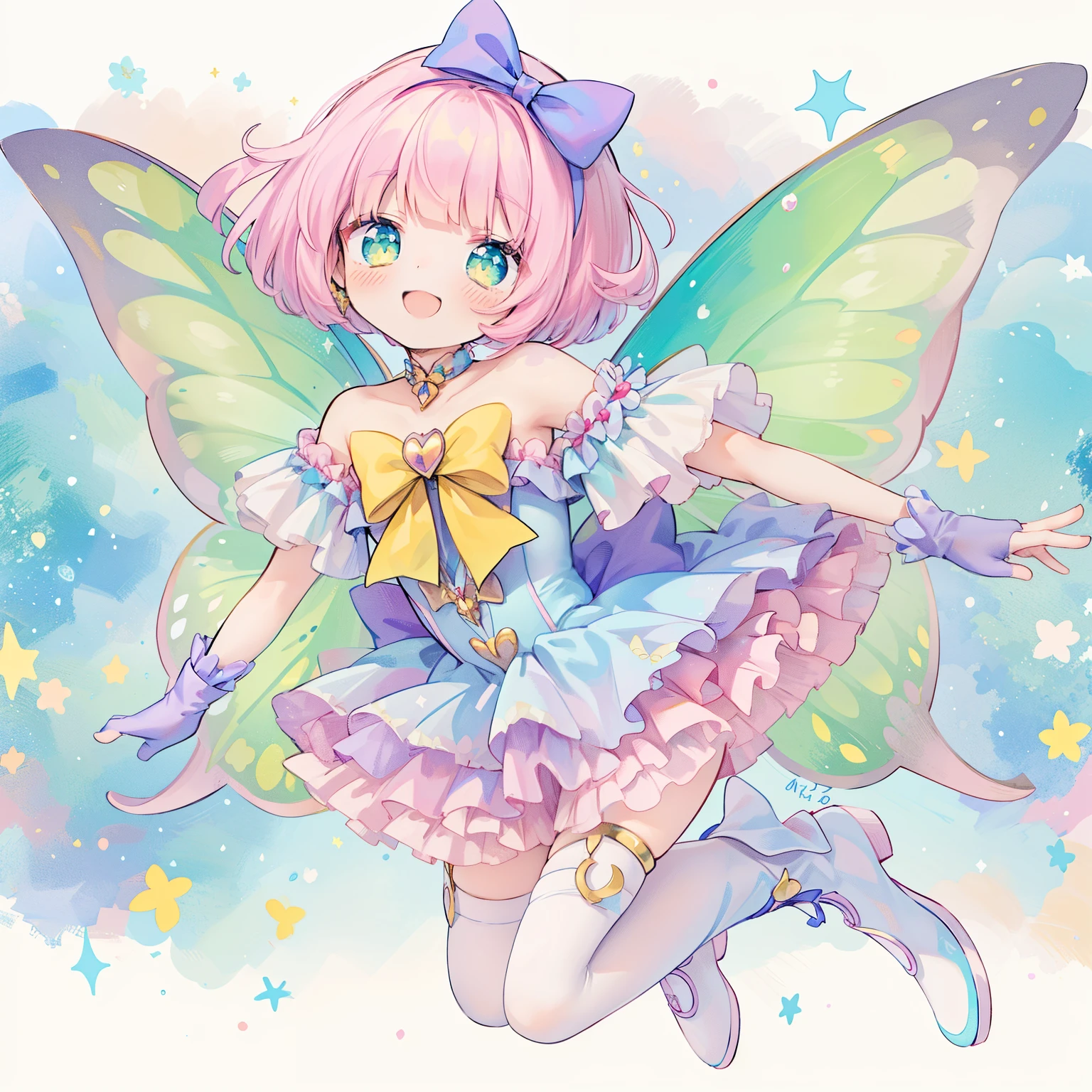Wubbs is an girl bat with a scale-like rainbow pattern covering her body. her feet are pink and her wings are pastel blue. SPARKLE; GLITTER