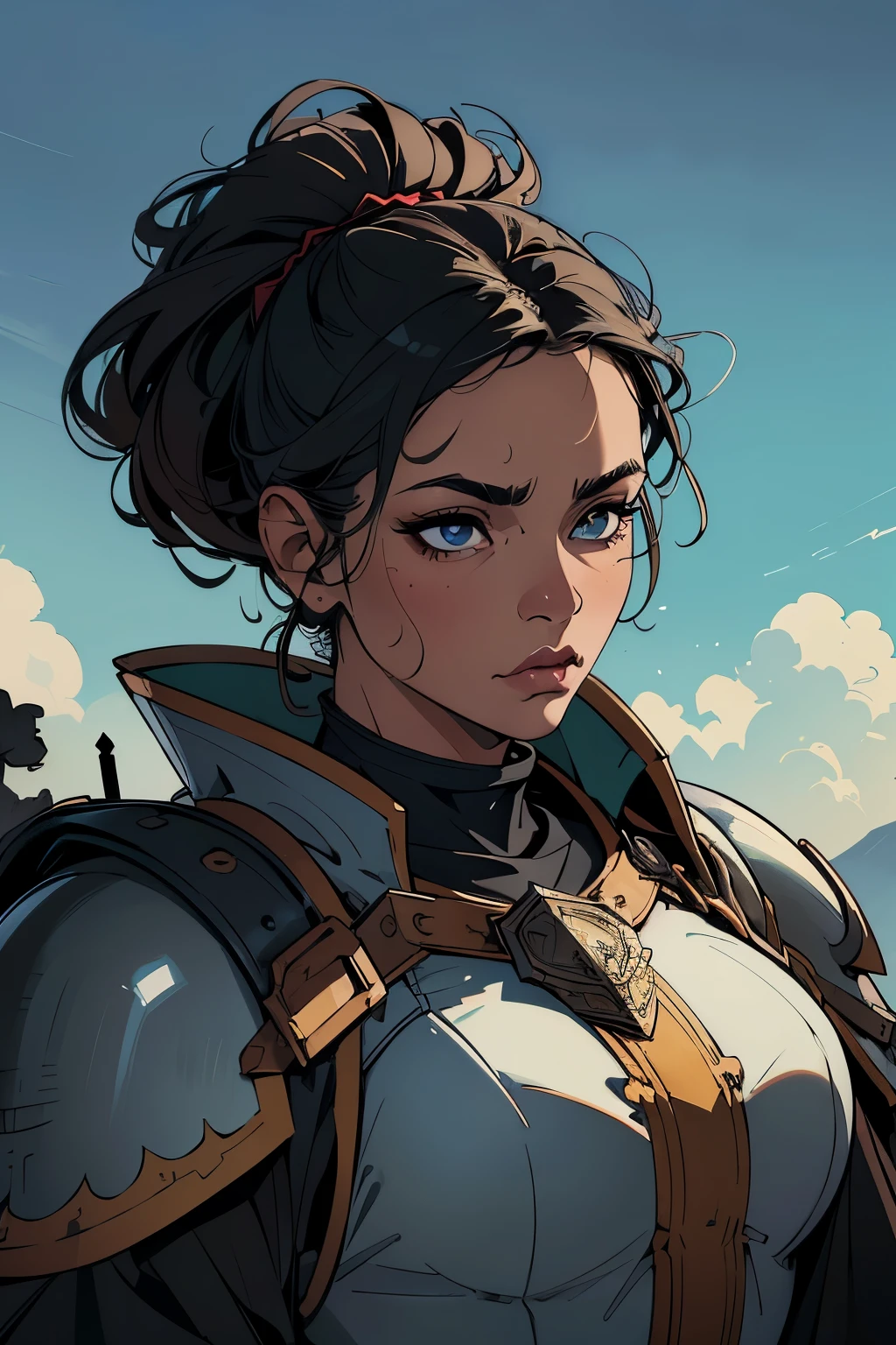 ((best quality:1.1)(masterpiece,best quality,absurdres,beautiful,aesthetic,detailed,cell shading,artwork,Hd,well drawn eyes)),original,medieval fantasy,female knight carrying helmet,looking down,close up portrait,solo,ruinous smoky battlefield,heavy armor,cape,(black hair,hair tied back),black eyes,deep black ebony skinned,40 yo,African American,wrinkle face,blemishes,exhausted,thick eyebrows,strong jawline,muscular,daytime,smoke billowing in the distance,depth of field