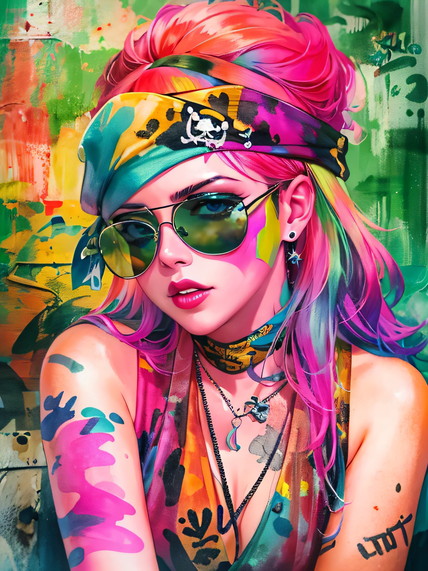 watercolor painting, 8K resolution、((highest quality))、((masterpiece))、((Super detailed))、(((most fashionable design)))、1 female、alone、incredibly absurd、 (((The most beautiful pirate girl of all time))), (((Stylish sunglasses))), lips in love, pirate bandana,neon、small breasts,、(((graffiti art))), colorful hair, provocative