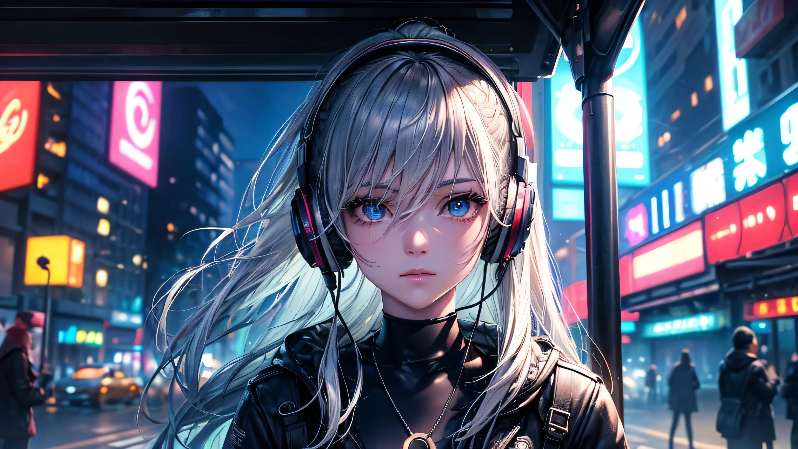 (highest quality, get used to it, perfect face, the beauty of listening to music, Sitting at the bus stop, cyberpunk style, Unique hair color, soft lighting, bright colors, sparkling ornaments, City of night, neon　peaceful atmosphere, Cozy background, expressive eyes, flowing hair, please wear headphones, play japanese guitar　bright eyes, Likeable character, alone　black hair, long eyelashes, Solid Circle Eye, cast a shadow, atmospheric perspective, 8k, masterpiece, Super detailed, Accurate, highest quality, Hmm, retina, advanced details