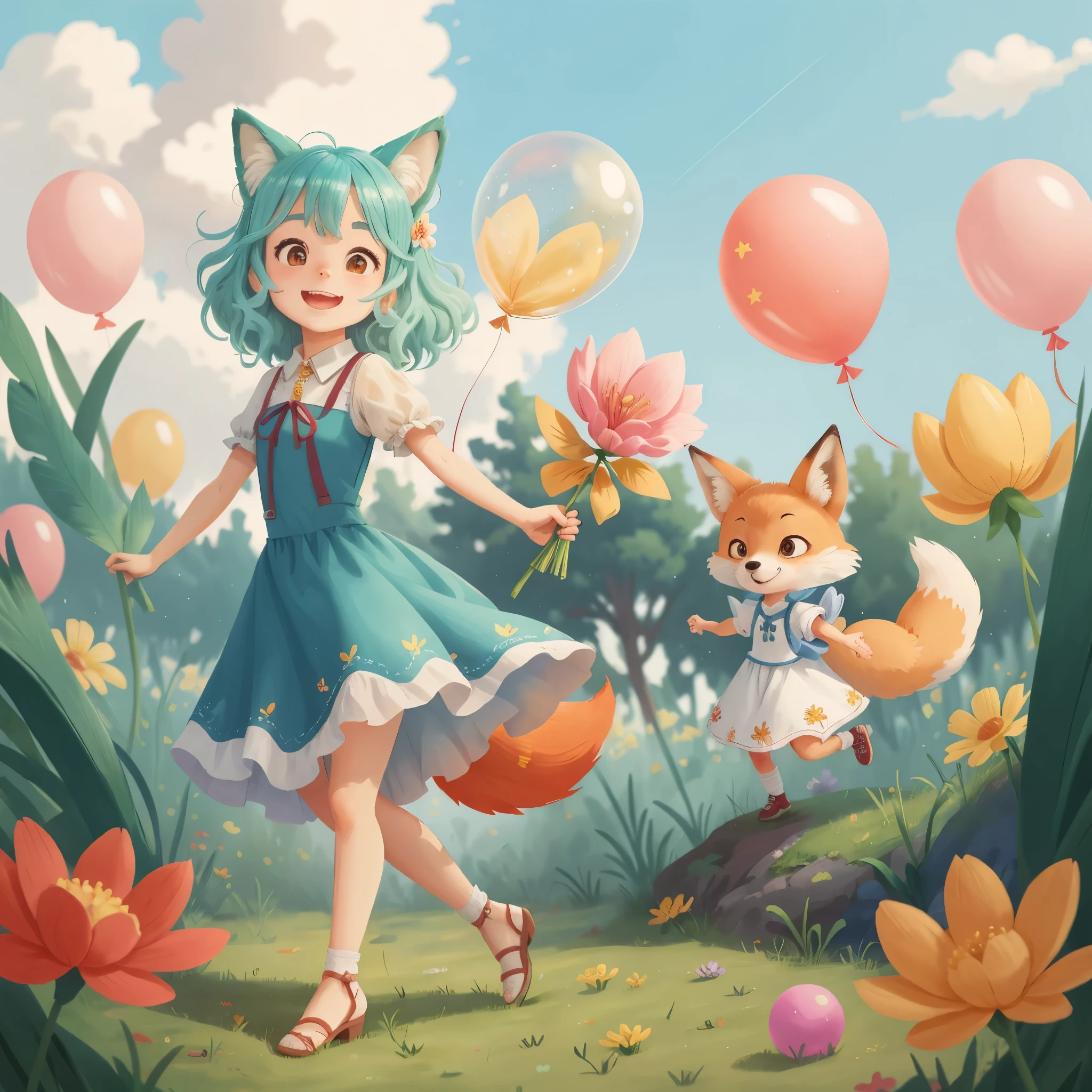 A fox girl Blumen halten, Bunte Luftballons schweben am Himmel, Aqua-Haare, Welliges Haar, Fuchsohren, Juwel, dress fang, Ahoge Aquakleid, Wiese, Tanzen, Blumen halten, Happy, Happy, Perfect quality, Klarer Fokus (Clutter-Home: 0.8), (Meisterwerk: 1.2) (Realistisch: 1.2) (Bokeh) (best quality) (detaillierte Haut: 1.3) (Komplizierte Details) (8K) (Detailaugen) (scharfer Fokus), (Happy), (Half body)