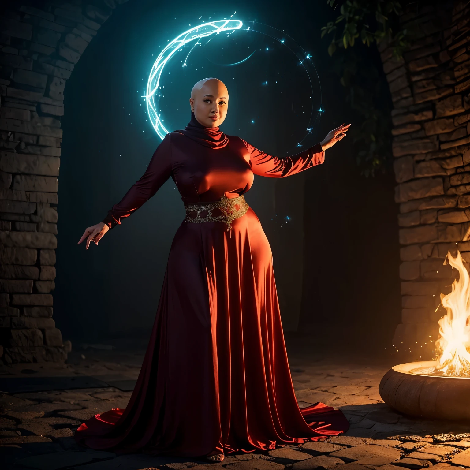 A (mature (age 40) curvaceous Malaysian woman, hijab no hair showing, silk magic gown), is a witch summoning a mythical monster into a magic circle