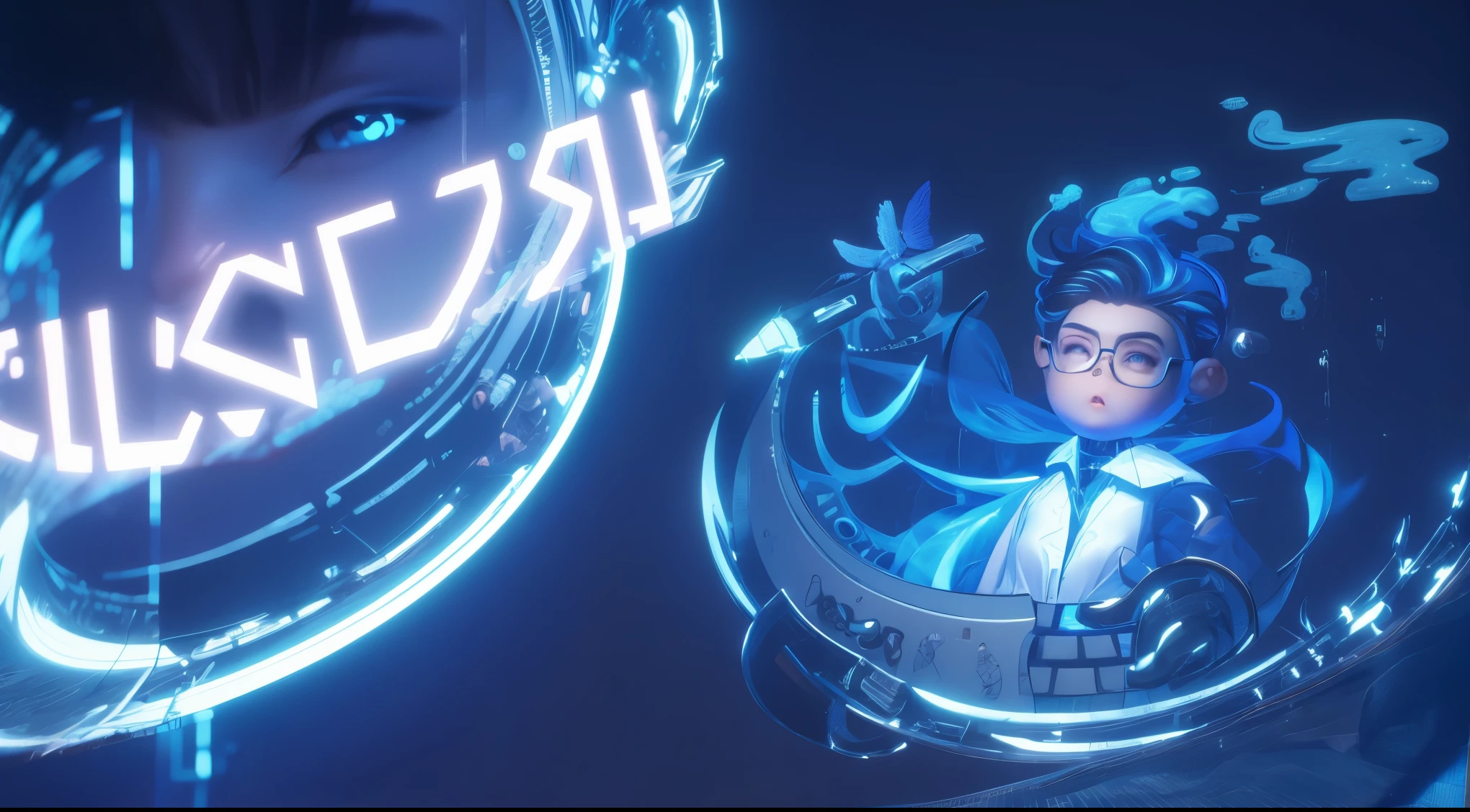 Blind box toy style,A boy wearing glasses sits at the table,Hand holding digital pen,wacom,Pen tablets,Large movements,dark blue hair、white top,art station trend炫酷,Digital art,portrait,beautiful art,Neon lights infuse digitalism with style,c4d rendering,3d model,best quality,Ultra-detailed,8k cool picture,art station trend,Digital art,portrait,Exquisite facial features,Cool blue shades,Innovative page design,carlo dolci,Animated actions,high quality,Delicate facial features and limbs