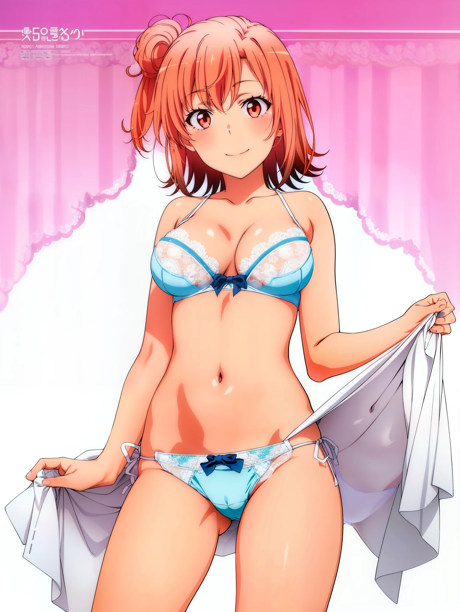 1 girl,Ocean(Yuigahama Yui),big breasts,,open mouth smile,,Are standing,long legs,calf,ankle,(Toe)(pussy cameltoe:1.0),(white bra),(White ruffled panties),