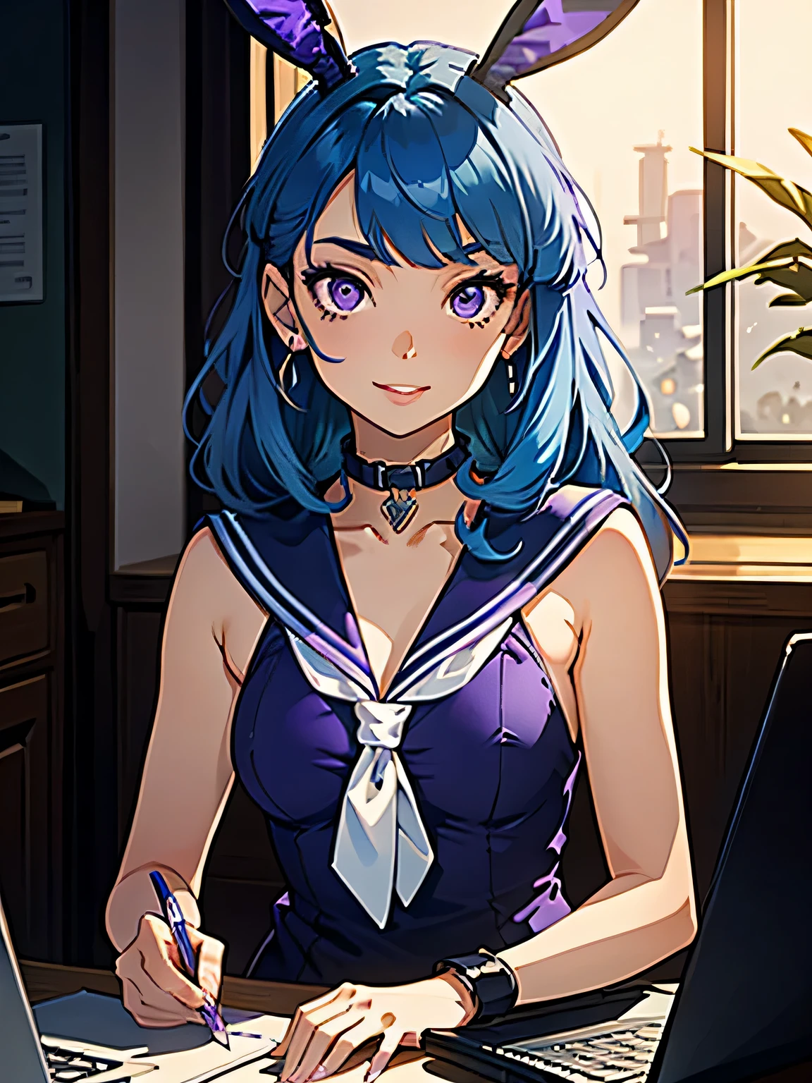 masterpiece, high quality, illustration, extremely detailed, sitting, 1_women, (upper body), (bright blue hair), medium length hair, cute bangs, flowing hair, cheeky smirk, (looking at the viewer), (exotic skin_complexion:1.4),mature, tall, ((holding stylist)), beautiful, exotic, elegant, slim, (((sailor collar))), sleeveless, cuffs, black thigh highs, choker, medium bust, wearing black bunnysuit, bunny ears, purple high heels, diamond shaped eyes, (((purple eyes))), dark_eyeliner, long_eyelashes), natural dynamic lighting, laptops, glow from screens, sitting at computer, inside art room, 