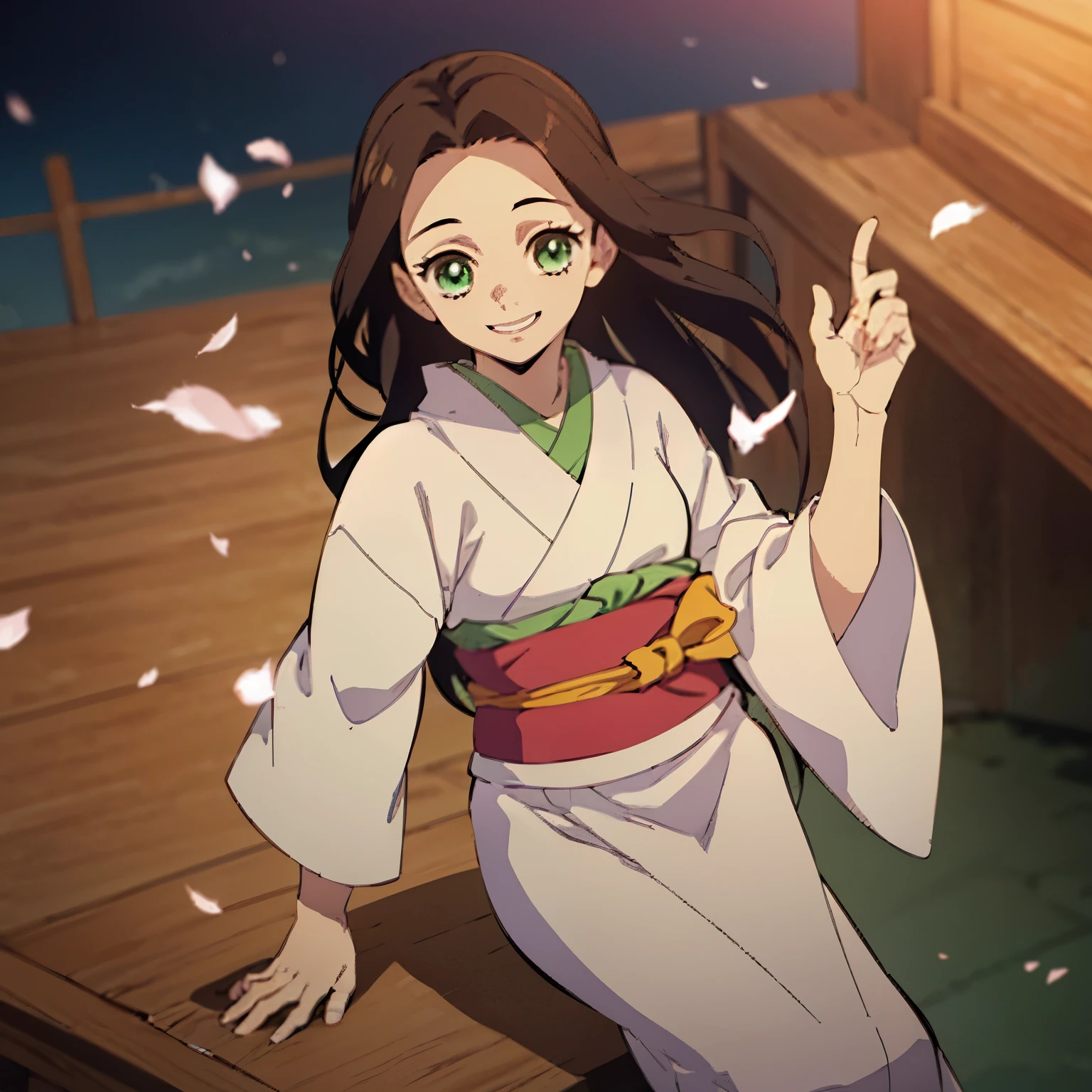 ((Mejor calidad, sharp image, detallada)) Estilo de kimetsu no yaiba, Young woman with long brown hair (suelto) y hermosos ojos verdes, cuerpo completo, kimono beige con verde, cuerpo detallado y proporcionado. Sonriendo, feliz, alegre, contenta, mirando al espectador. Manos y pies detallados.