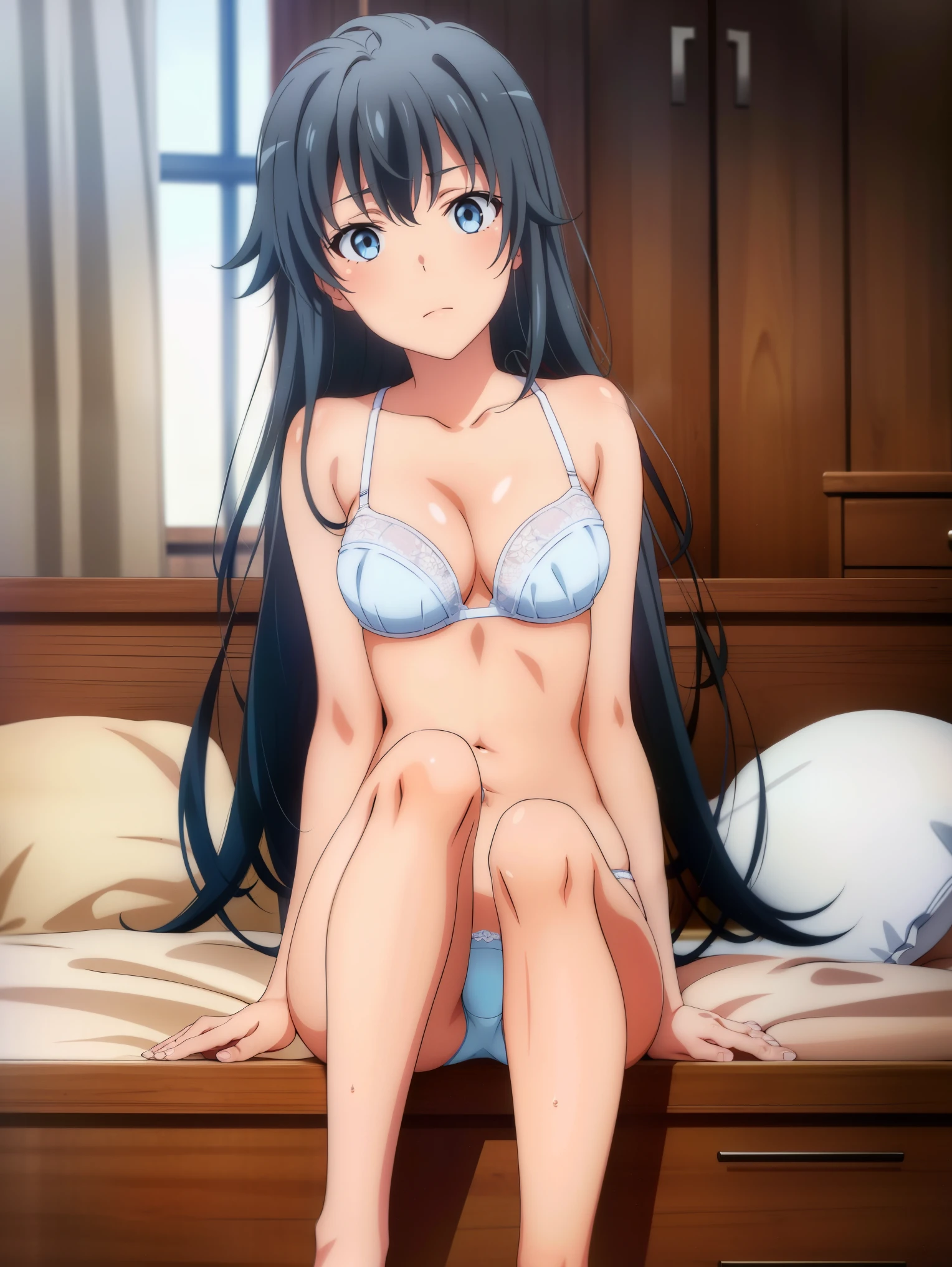 1 girl,Ocean,(yukih0sita yukino),underwear,(whole body:1,0),Are standing,long legs,barefoot,(Toe),(pussy cameltoe:1.0),(white bra),(White ruffled panties),