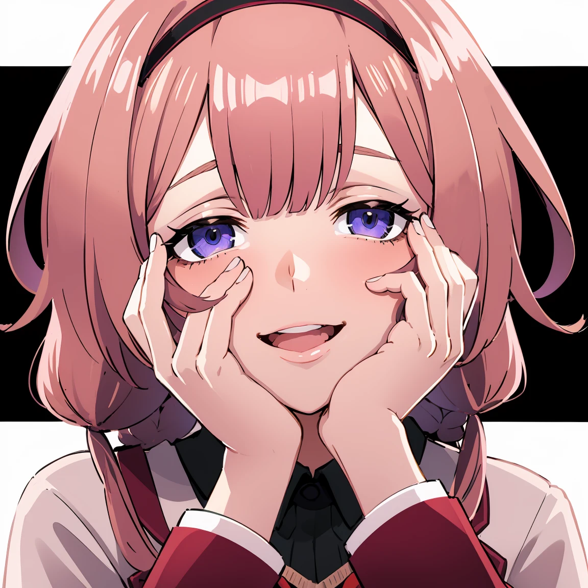 aasango,hairband,long hair,bangs,hair between eyes,school uniform,jacket,white jacket,plaid bow,cardigan,brown cardigan,shirt,collared shirt,black shirt,long sleeves,black skirt,black thighhighs,loafers,brown footwear
BREAK 
smile, large smile, (yandere smile:1.3), grinning face, open your mouth, blush, yandere trance, yandere, hands on own face, hands on own cheeks
BREAK 
(face Shot:1.5), Masterpiece, best quality, high resolution, 8K, official art, super resolution, extremely detailed and beautiful, extremely detailed, amazing and detailed, highly detailed beautiful girl, highly detailed face, highly detailed eyes, highly detailed skin, highly detailed fingers, highly detailed nose, very detailed mouth, perfect anatomy
BREAK
Pure black background, simple background, extremely detailed CG unity 16k, very fine 16KCG wallpapers