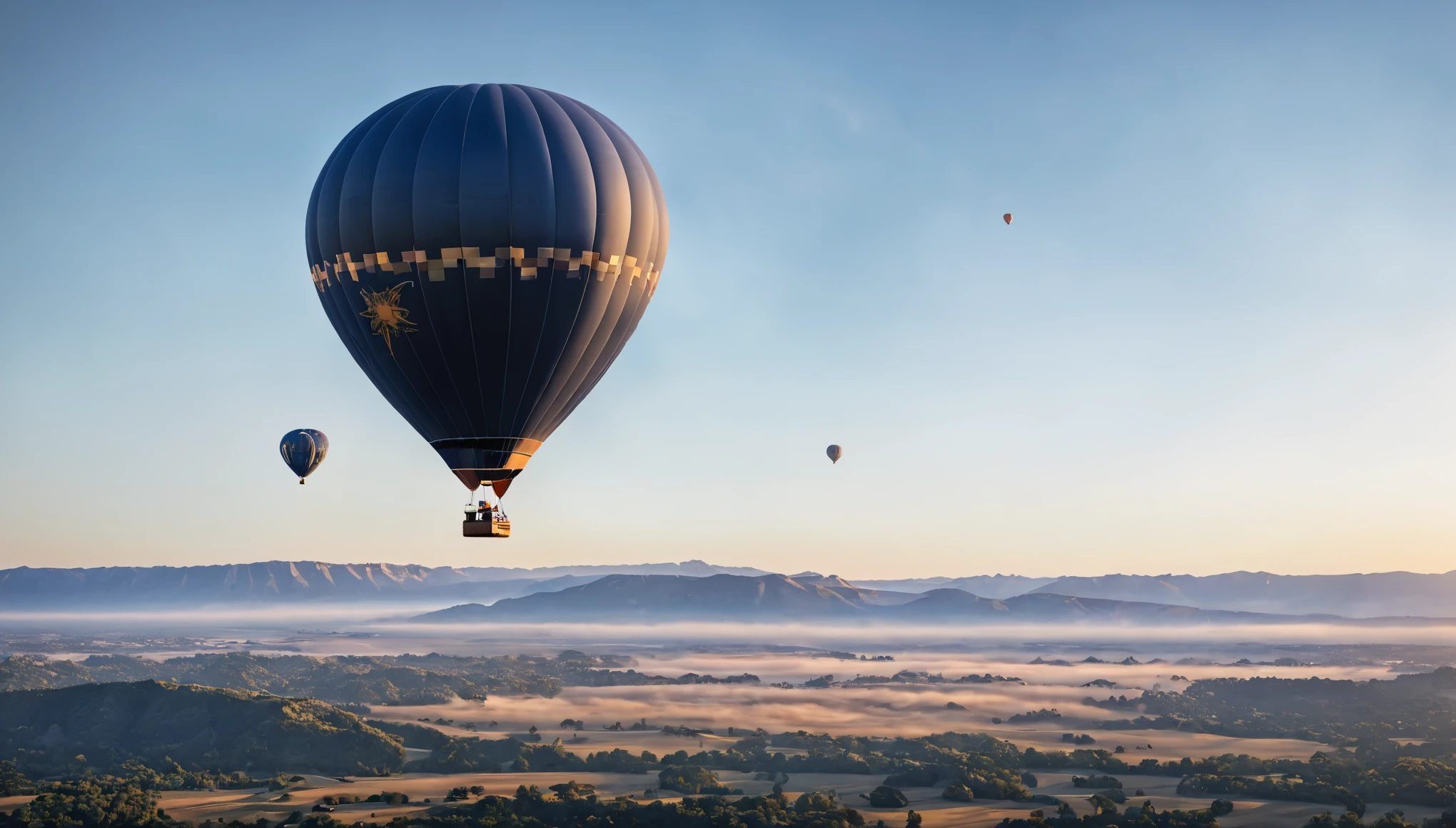 A dark blue hot air balloon carrying a (best quality, 4k, 8k, highres, masterpiece:1.2) passport, with (ultra-detailed) focus, (realistic, photorealistic, photo-realistic:1.37) rendering. The balloon floats against a clear sky, with (vivid colors) illuminating the scene. The light is soft and golden, casting a warm glow on the landscape below. It is a picturesque view, highlighting the beauty of the balloon and its surroundings.