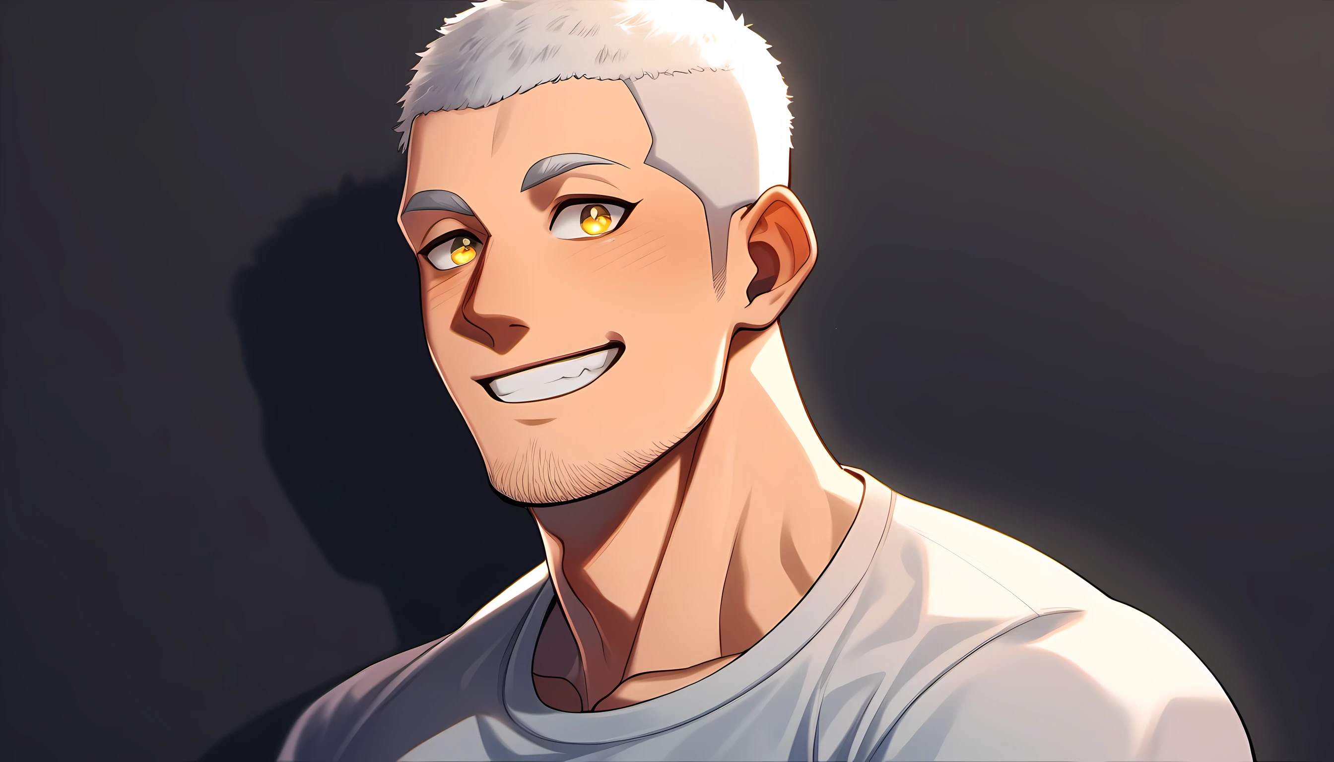 1 young muscular man, male focus, Slightly transparent tight T-shirt, white hair, buzz clip, muscular male, muscular, only, Upper body, alone, white short hair, stubble, yellow eyes, black background, simple background, amazing quality, best aesthetics, Ridiculous, bright pupils, short hair, Smile innocently, blush, matte texture, Exquisite and perfect students, shadow, best quality