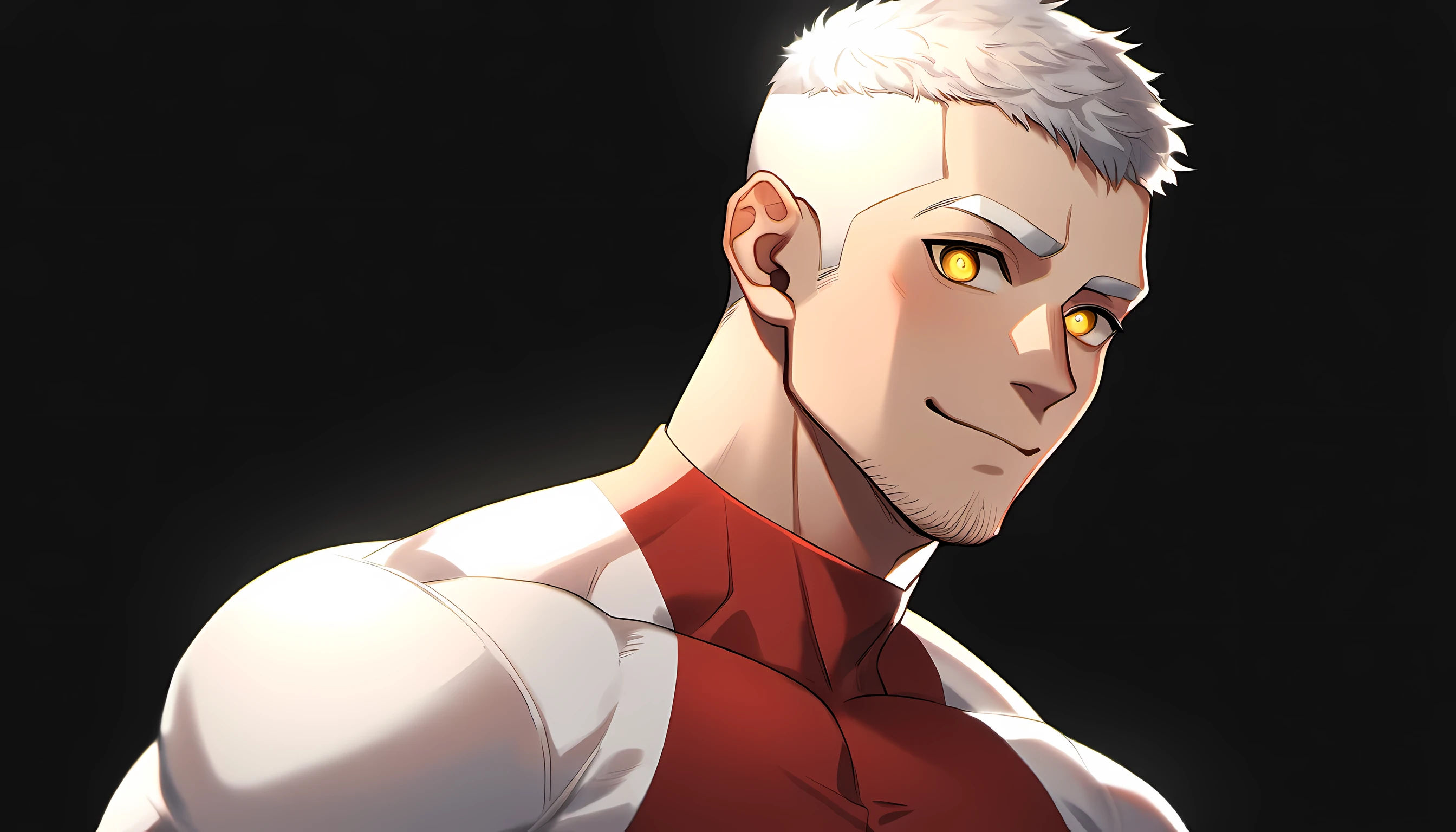 1 young muscular man, male focus, High collar dark red spandex tight T-shirt, white hair, buzz clip, muscular male, muscular, only, Upper body, alone, white short hair, stubble, yellow eyes, black background, simple background, amazing quality, best aesthetics, Ridiculous, bright pupils, short hair, Smile innocently, blush, best quality