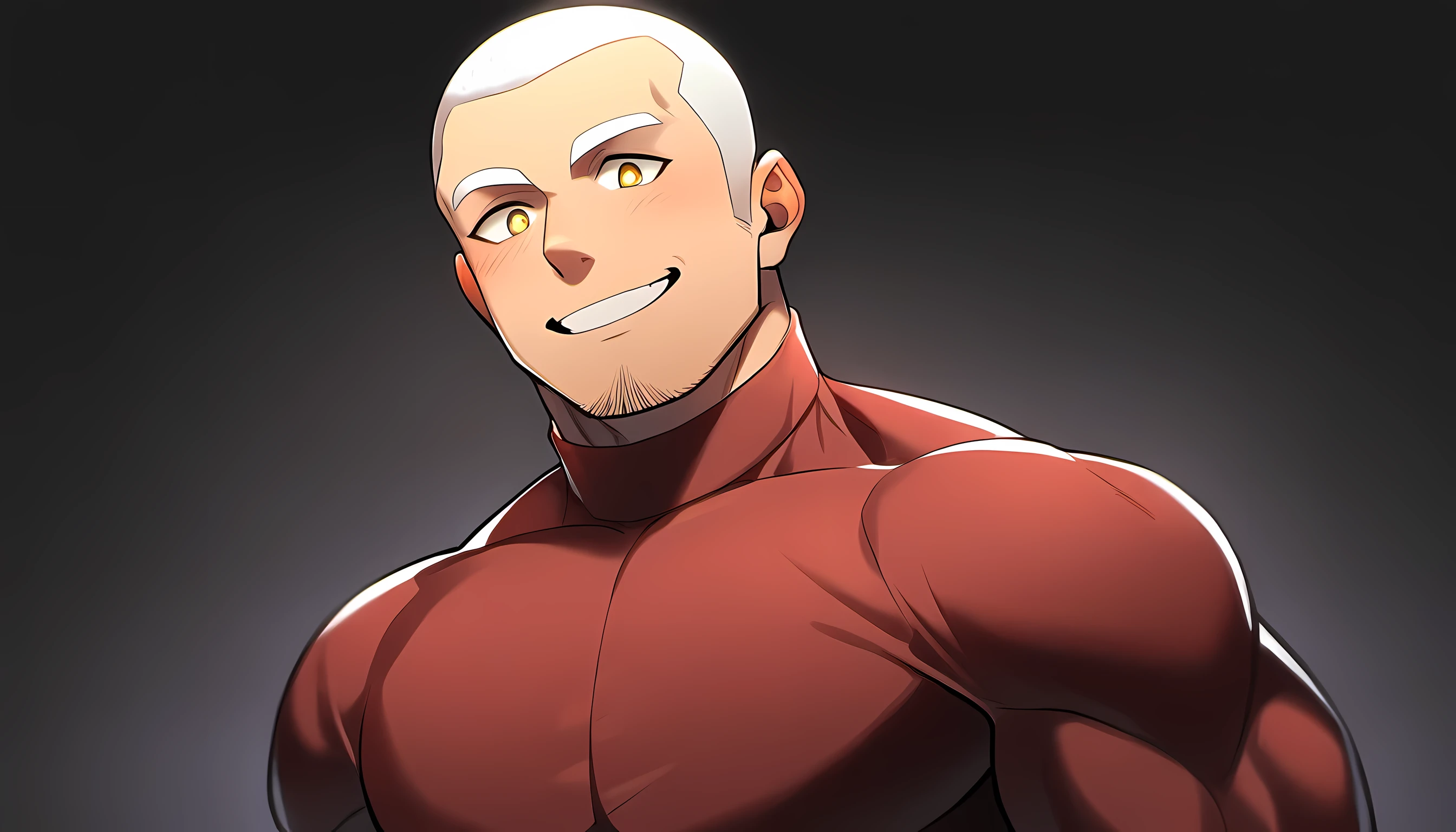 1 young muscular man, male focus, High collar dark red spandex tight T-shirt, white hair, buzz clip, muscular male, muscular, only, Upper body, alone, white short hair, stubble, yellow eyes, black background, simple background, amazing quality, best aesthetics, Ridiculous, bright pupils, short hair, Smile innocently, blush, best quality