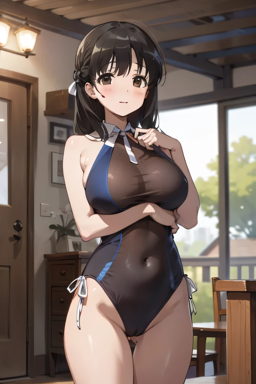 ((masterpiece)), ((best quality)), (ultra-detailed), ((extremely detailed)), 4K, (8K), best quality,, ((((perfect anatomy)))), five fingers, ((((beautiful detailed eyes)))), (((world-class quality))), (photorealistic), extremely detailed, high resolution, (detailed shaded pretty face), ((((house wife)))), solo, (((sagging breasts))), (((wearing one-piece swimsuit))), ((glowing detailed skin and hair)), white-skinned, (((glistening skin))), kasumi iwato, , ((half updo)), , naughty face, huge ass , , potbelly,, ,,(see-through), side-tie panties, neck ribbon, full-face blush
