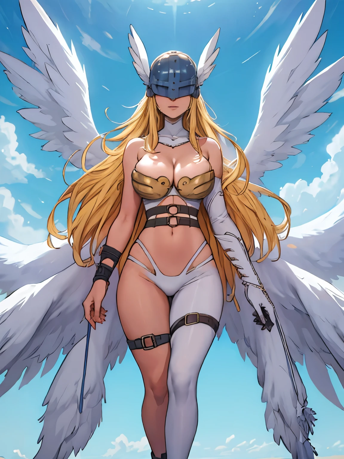 angewomon, 1girl, long hair, helmet, belt, blonde hair, busty, deep cleavage, ((standing solo)), covered eyes, thight strap, wings, asymmetrical clothes, shawl, angel wings, multiple wings, gloves, cleavage, navel, belt, bare shoulders, head wings, winged helmet, hagoromo, thick thighs, perfect legs, high heels, armor, feathered wings, masterpiece, highres, best quality, wonderful blue-sky background, big clouds, life