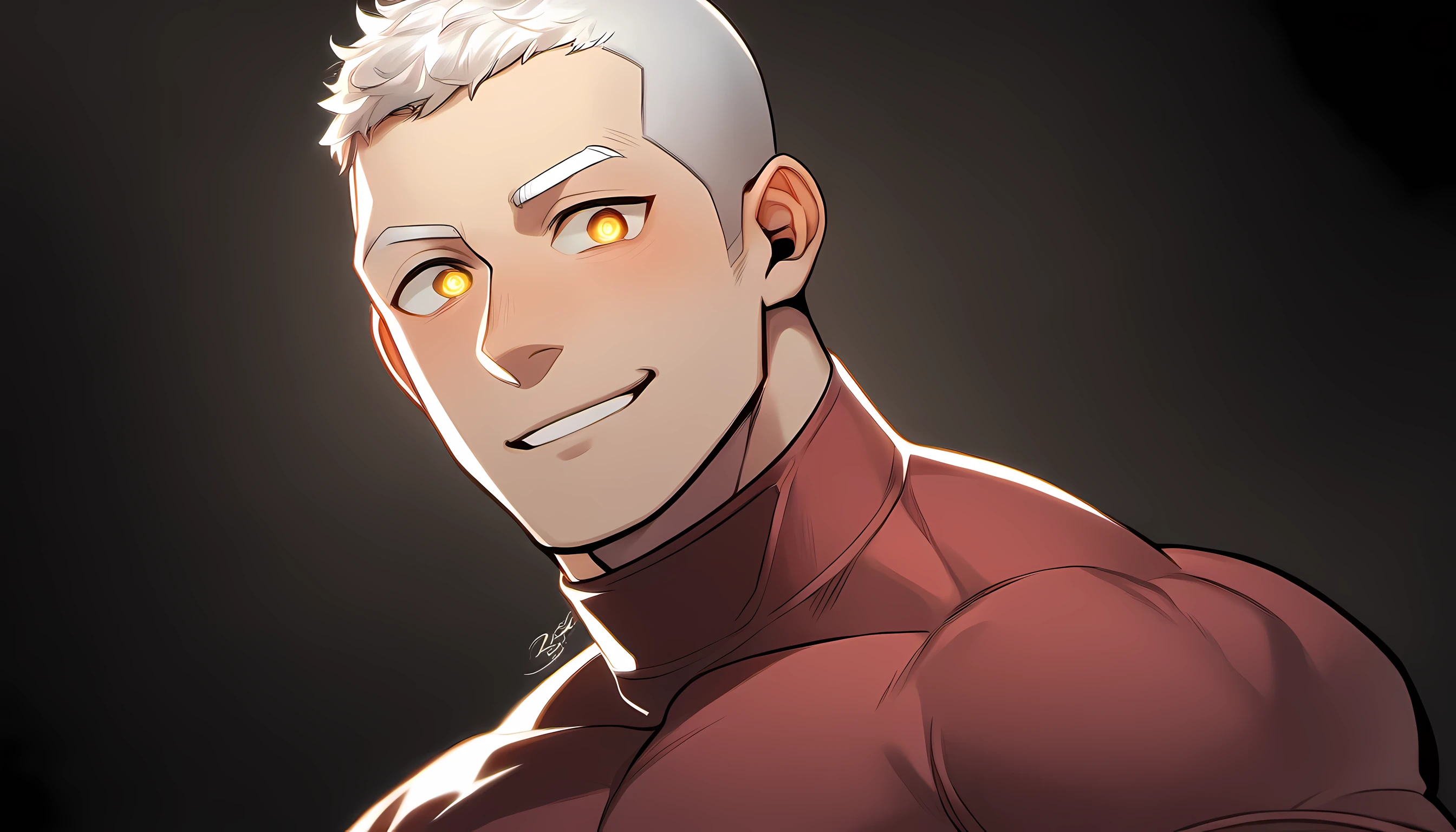 ung muscular man, male focus, High collar dark red spandex tight T-shirt, white hair, buzz clip, muscular male, muscular, only, Upper body, alone, white short hair, stubble, yellow eyes, black background, simple background, amazing quality, best aesthetics, Ridiculous, bright pupils, short hair, Smile innocently, blush, best quality