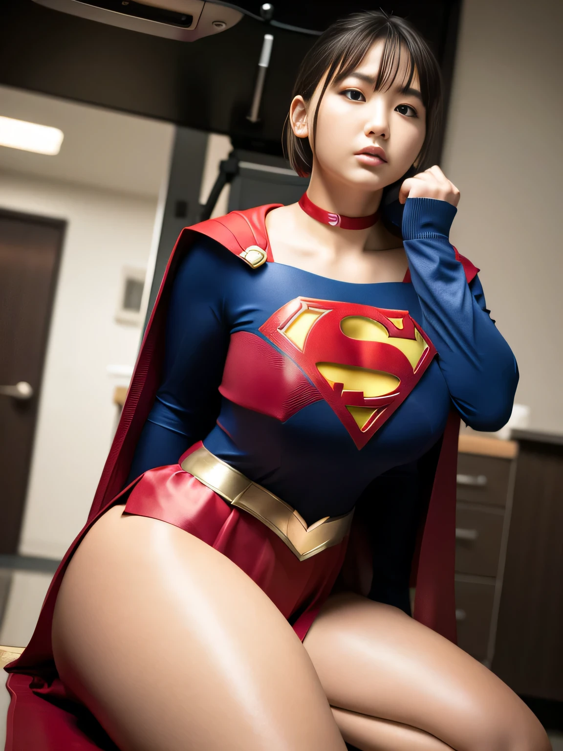 masterpiece、supergirl costume、short hair、barefoot, big and full breasts、operating room、operating table、straddle、Seduce、shiny、look at the camera、choker、long sleeve、red mini skirt、Feeling of humiliation、