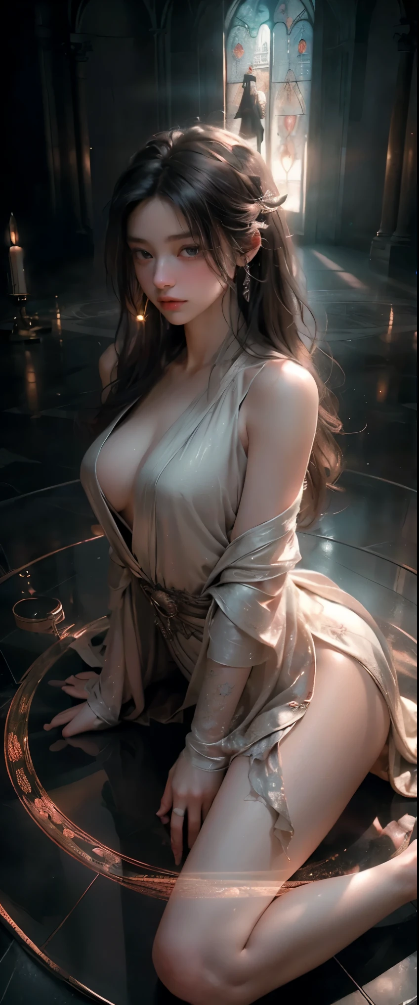 ((masterpiece, highest quality, Highest image quality, High resolution, photorealistic, Raw photo, 8K)), (A huge magic circle on the floor glows in a bewitching manner:1.3), wearing a very long robe over her bare skin,