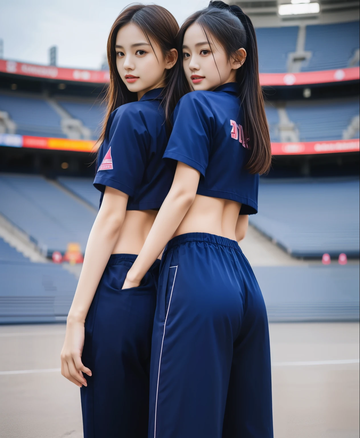 (best quality,10,10,height,Masterpiece:1.2),Special details,(realistic,ภาพrealistic,Realistic photos:1.37),1 cute girl on the football field,shiny, ผิวshiny,only,smile softly,BDclothelue shirt:1.3)),short sleeve,shirt, กางเกงขาlong.,(navy_long_track pants:1.1), ((stadium background:1.3)),Dynamic angle,excited,Face focus,dynamic poses,from behind,focus on ass,Masterpiece, best quality, ultra realistic, hyper-detail, 8K resolution, raw photos, Sharp focus, ((Navy blue shirt:1.1)), short sleeve, เส้นทางlong, perfect body, 2 mature women, 18 years old, Cinema-grade lighting system,blue sweatpants,shirtผ้าออกกำลังกาย,correct anatomy,perfect body, correct body, Sharp face, correct bodyทางกายวิภาค, full body, realistic gestures, long-haired, realistic poses,Wear long shorts................................,ช่วงขาlong,Good shape,carved girl, Slender figure, model, Good shape, beautiful body,blue sweatpants, two girls kissing