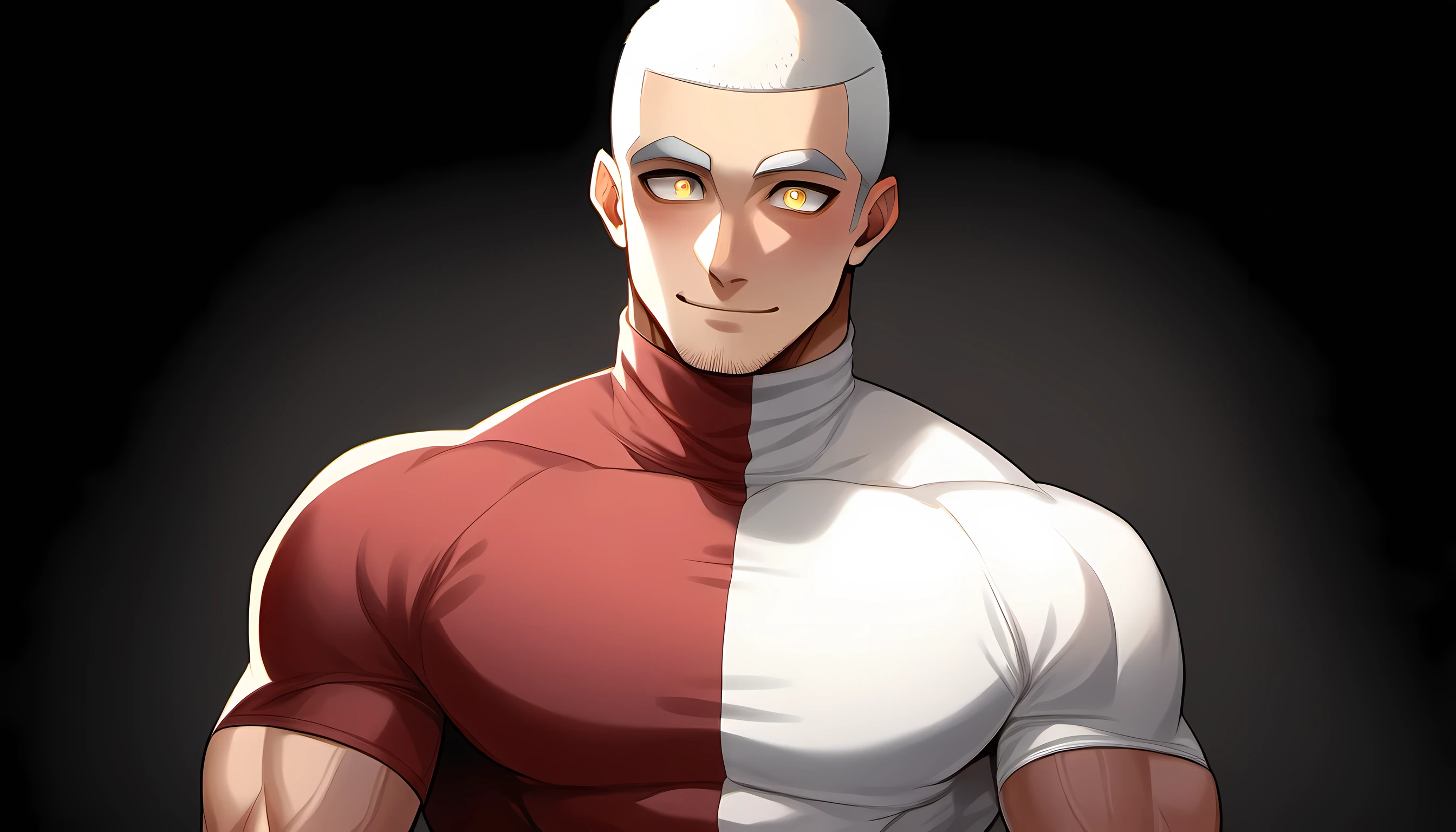 ung muscular man, male focus, High collar dark red spandex tight T-shirt, white hair, buzz clip, muscular male, muscular, only, Upper body, alone, white short hair, stubble, yellow eyes, black background, simple background, amazing quality, best aesthetics, Ridiculous, bright pupils, short hair, Smile innocently, blush, best quality