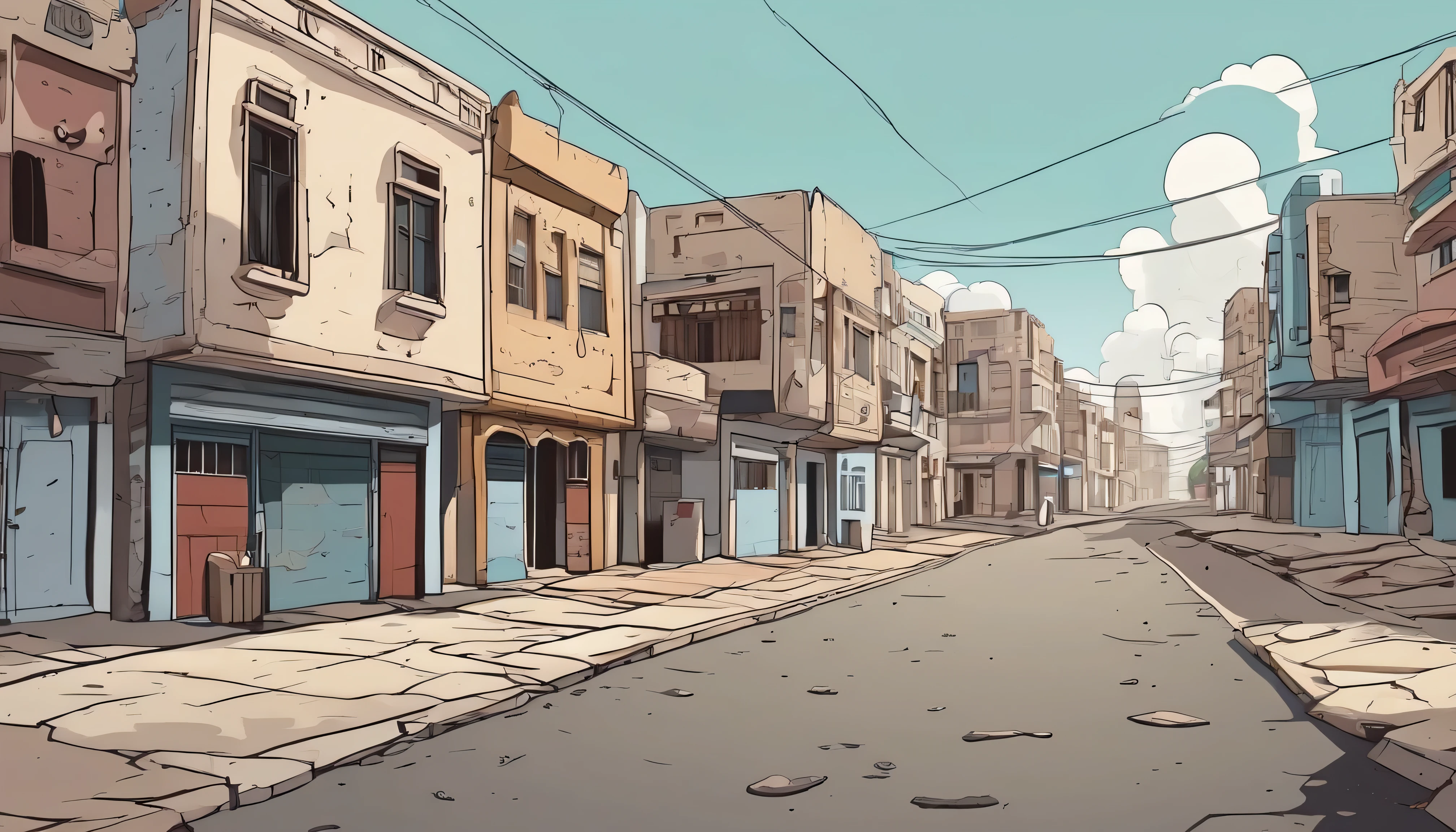 A cartoon empty Street in Yemen Aden, THE FAMILY GUY style, minimalist, best quality, wide angle, front view 
