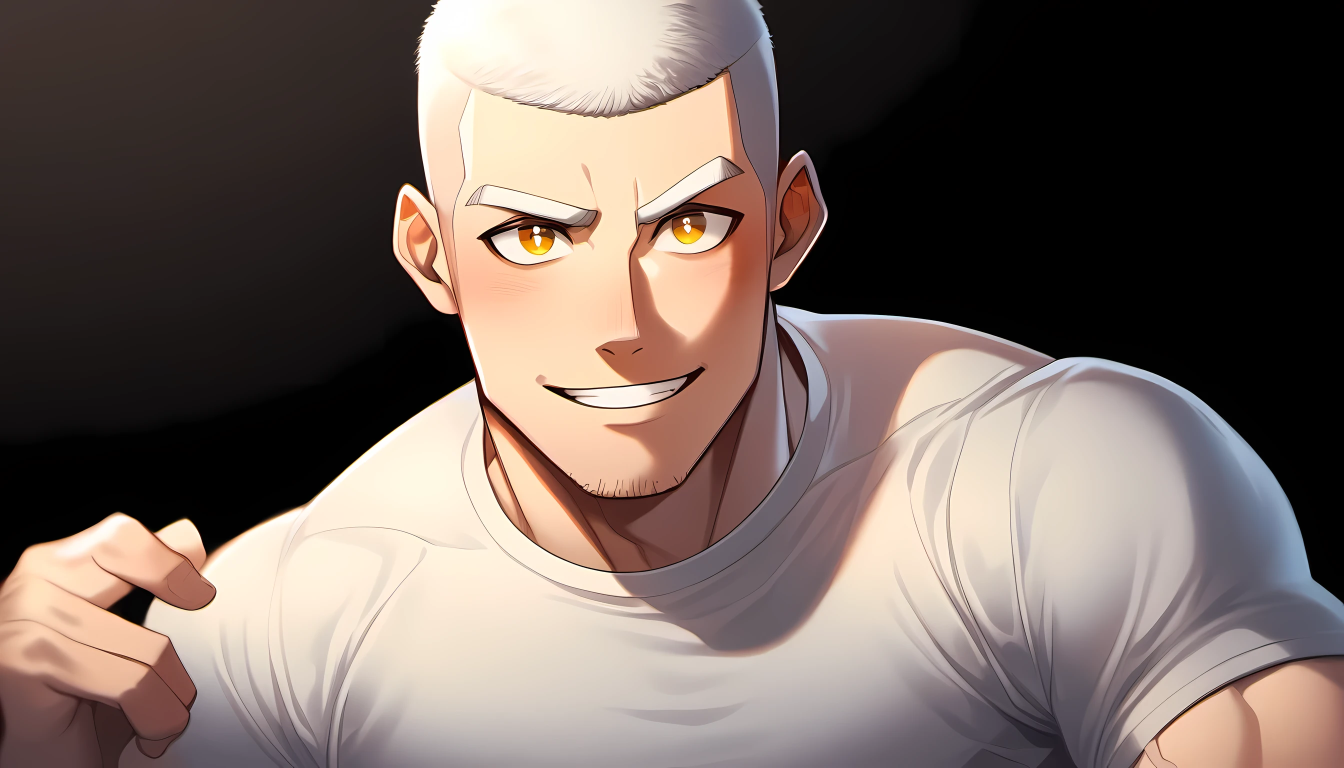 1 young muscular man, male focus, Slightly transparent tight T-shirt, white hair, buzz clip, muscular male, muscular, only, Upper body, alone, white short hair, stubble, yellow eyes, black background, simple background, amazing quality, best aesthetics, Ridiculous, bright pupils, short hair, Smile innocently, blush, matte texture, Exquisite and perfect students, shadow, best quality