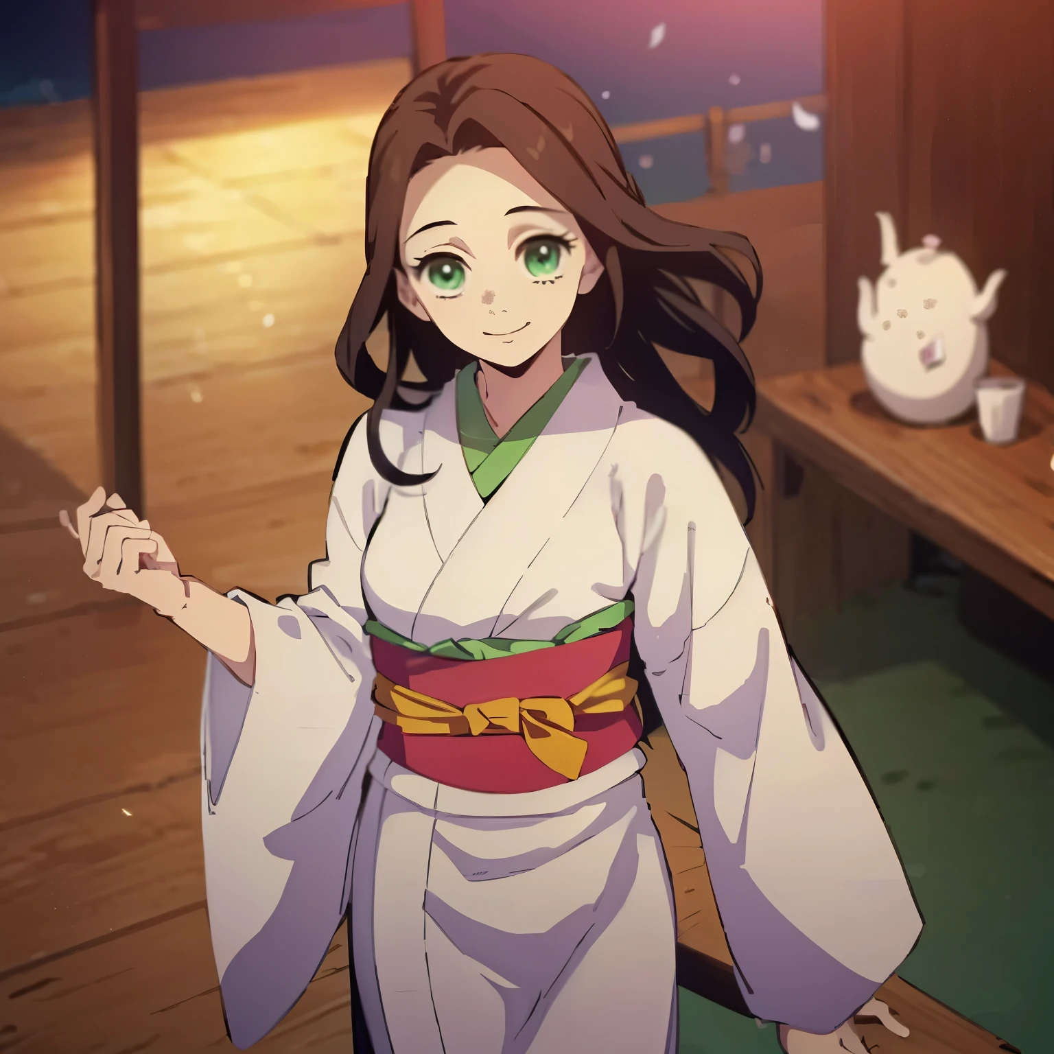 ((Mejor calidad, sharp image, detallada)) Estilo de kimetsu no yaiba, Young woman with long brown hair (suelto) y hermosos ojos verdes, cuerpo completo, kimono beige con verde, cuerpo detallado y proporcionado. Sonriendo levemente, expresion solemne, suave, labios ligeramente pintados, elegante.