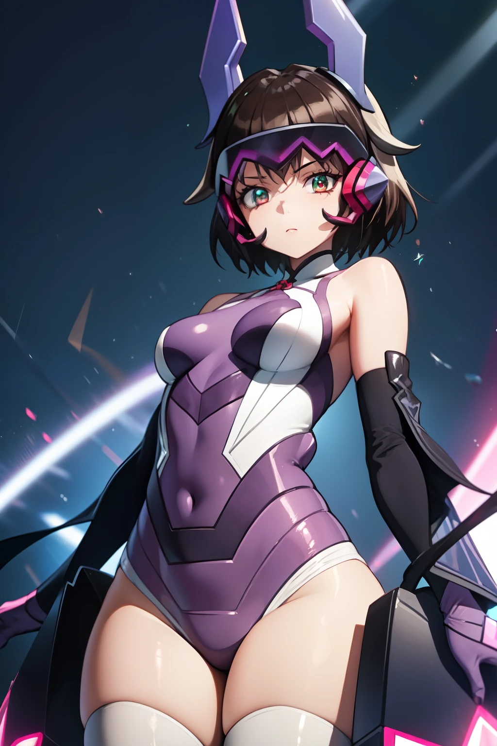 high quality, best quality, masterpiece, absurdres, highres, (extremely detailed), (best quality), anime style, 1girl, perfect face, shiny skin, lustrous skin, wide hips, narrow waist, 1girl, solo, KohinataMiku, bangs, red eyes, detached sleeves, purple gloves, leotard, thighhighs, elbow gloves, bare shoulders, headgear, black hair, multicolored hair, red hair, short hair, glowing eyes, expressionless, looking at viewer, Antennae, black bodysuit, bodysuit, rider belt, armor, belt, horns, shoulder armor, half body