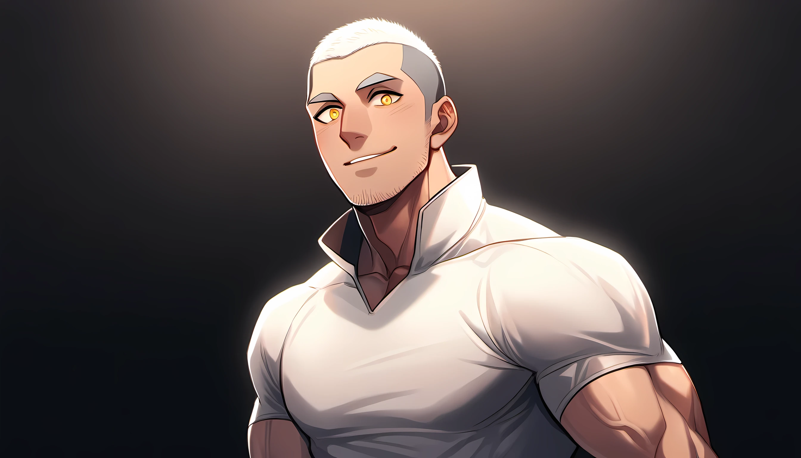 1 young muscular man, male focus, High collar dark red spandex tight T-shirt, white hair, buzz clip, muscular male, muscular, only, Upper body, alone, white short hair, stubble, yellow eyes, black background, simple background, amazing quality, best aesthetics, Ridiculous, bright pupils, short hair, Smile innocently, blush, best quality