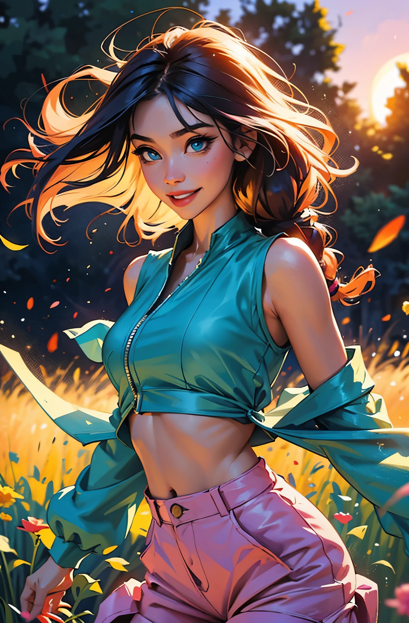 award winning digital art, half body portrait of a beautiful woman in a pink silk sleeveless shirt and cargo pants with navy blue teal hairstyle with head in motion and long hair flying, big smile, sparkling eyes, sexy, in a flower field, golden sunset, particles dust, glitter, paint splashes, splatter, outrun, vaporware, shaded flat illustration, digital art, trending on artstation, highly detailed, fine detail, intricate