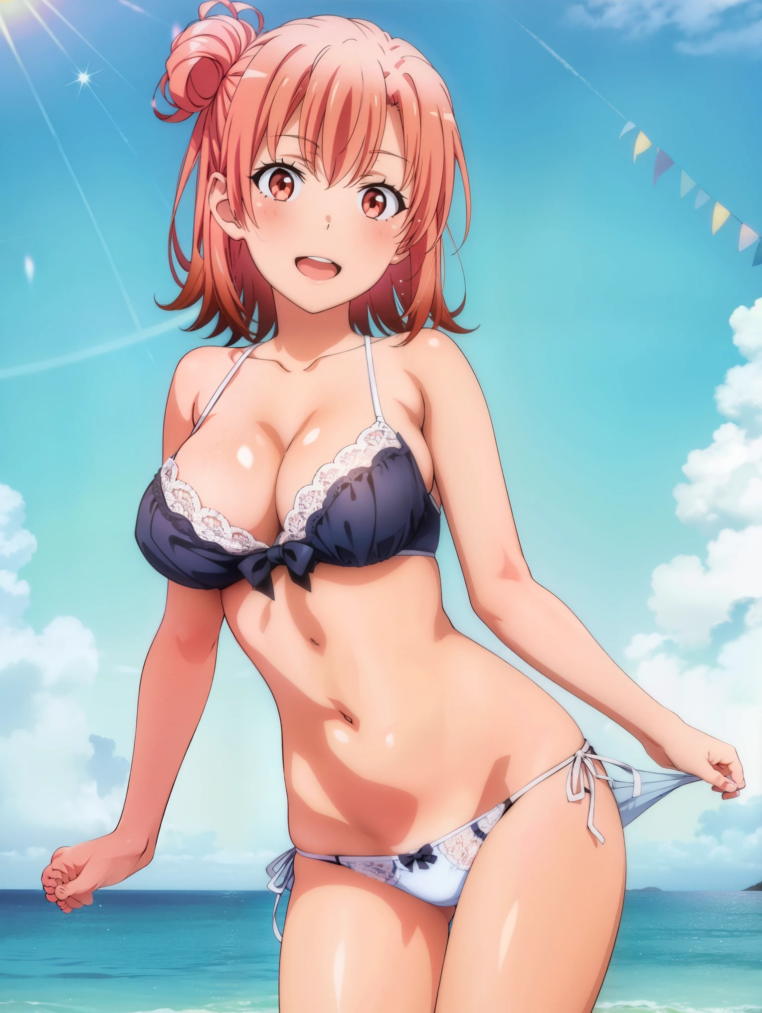 1 girl,(Ocean),(Yuigahama Yui),big breasts,,open mouth smile,,Are standing,long legs,calf,ankle,(Toe)(pussy cameltoe:1.0),(white bra),(White ruffled panties),