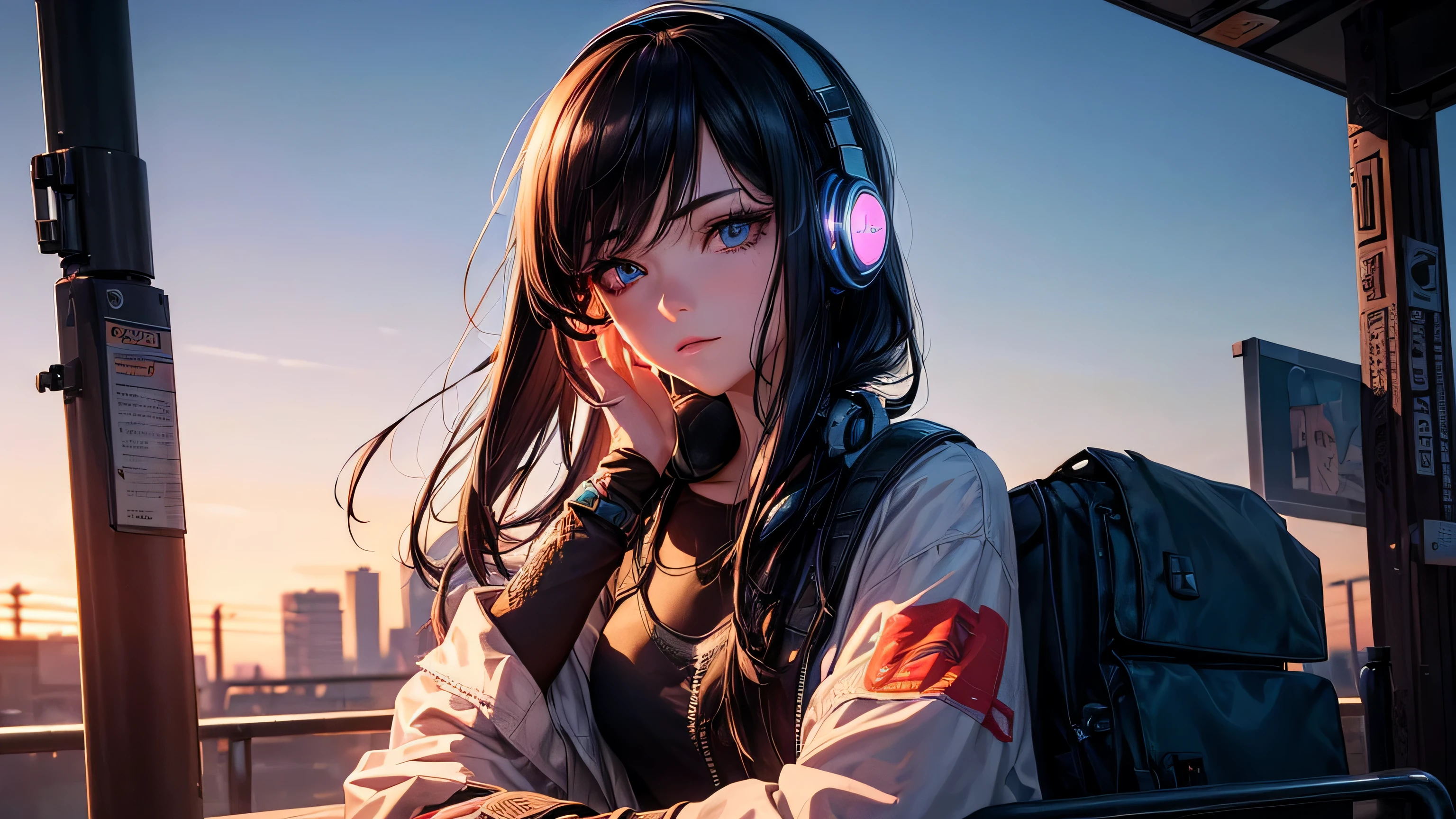 (highest quality, get used to it, perfect face, the beauty of listening to music, Sitting at the bus stop, cyberpunk style, Unique hair color, soft lighting, bright colors, sparkling ornaments, City of night, neon　peaceful atmosphere, Cozy background, expressive eyes, flowing hair, please wear headphones, play japanese guitar　bright eyes, Likeable character, alone　black hair, long eyelashes, Solid Circle Eye, cast a shadow, atmospheric perspective, 8k, masterpiece, Super detailed, Accurate, highest quality, Hmm, retina, advanced details