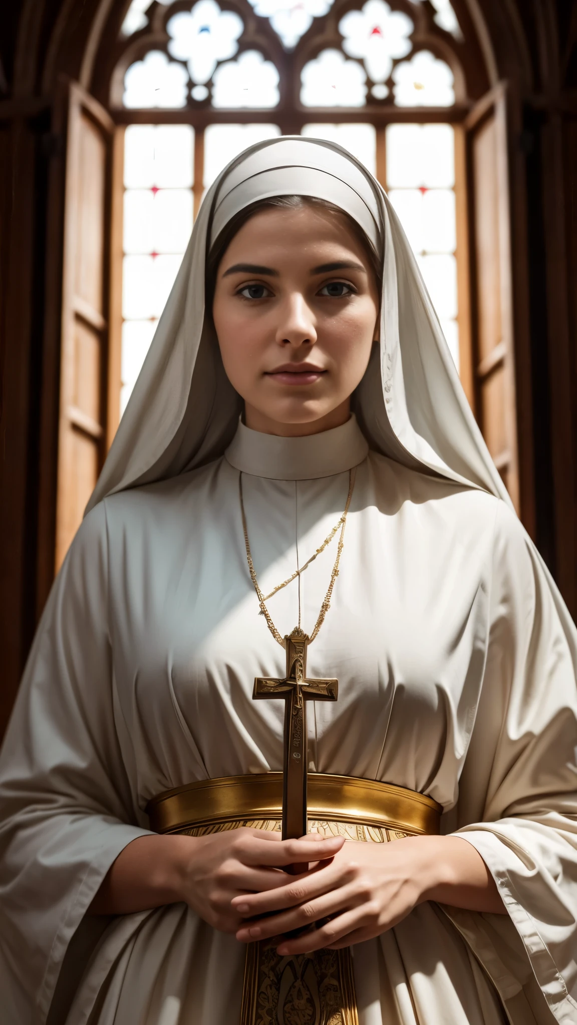 Generate a photorealistic, 32K resolution image of a beautiful nun in medieval Western Europe. High-detail realism captures her serene expression amidst the solemn ambiance of a monastery or convent. Cinematic effects add depth, with soft lighting casting a gentle glow on her features as she exudes a sense of piety and grace, embodying the ideals of devotion and spirituality in the medieval era