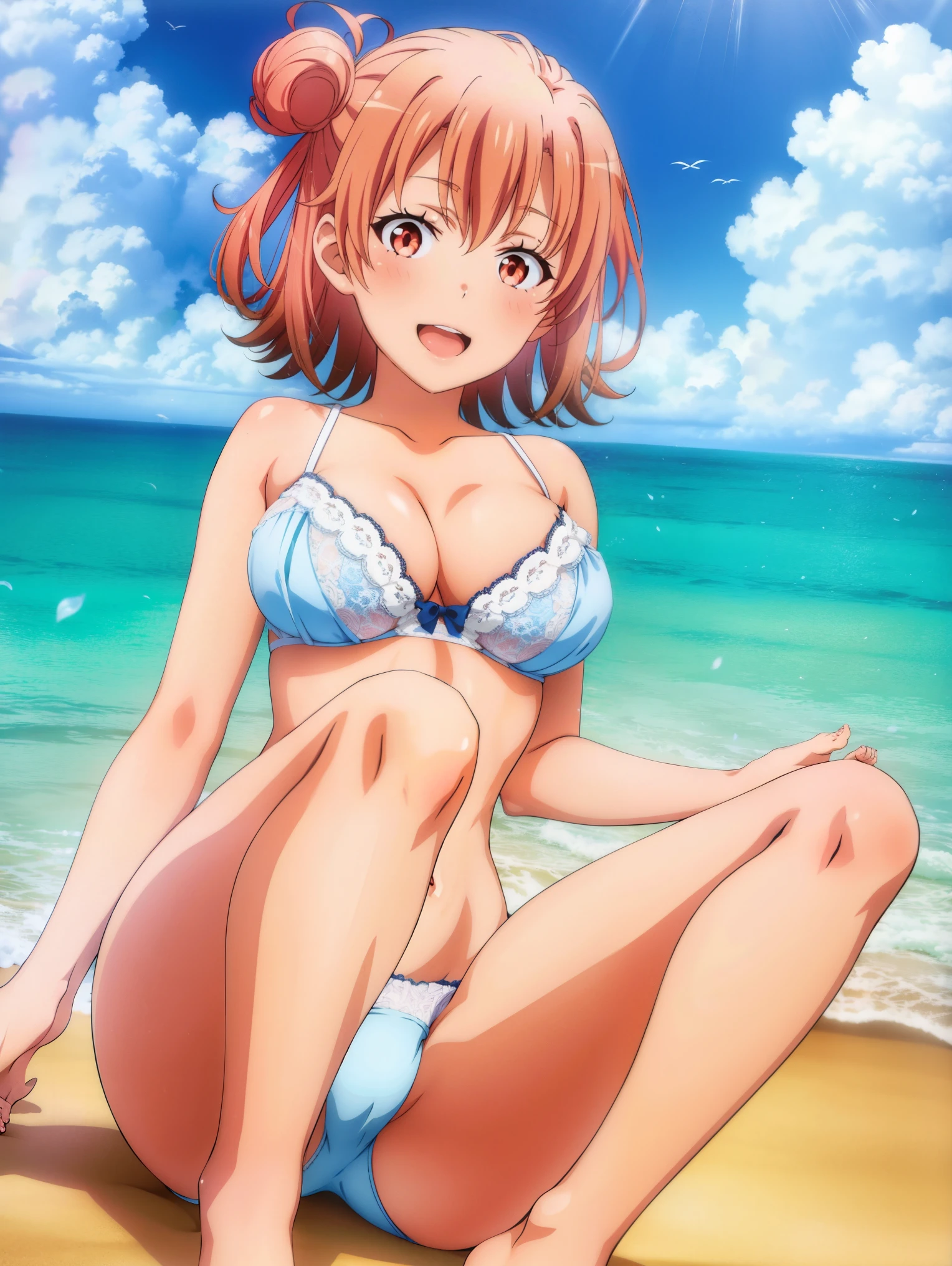 1 girl,(Ocean),(Yuigahama Yui),big breasts,,open mouth smile,,Are standing,long legs,calf,ankle,(Toe)(pussy cameltoe:1.0),(white bra),(White ruffled panties),