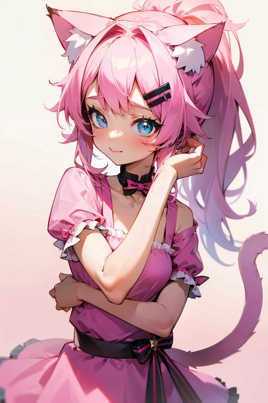 Anime girl with pink hair and blue eyes in a pink dress - SeaArt AI