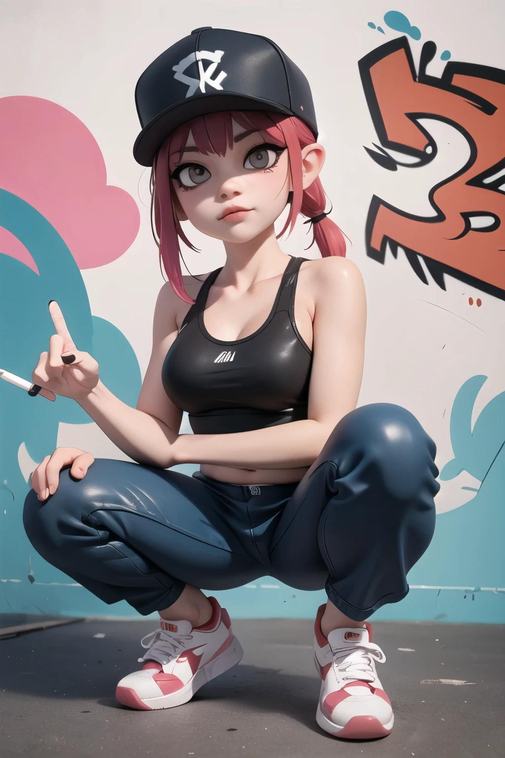 ((best quality)), ((Masterpiece)), (details), ใบหน้าที่สมบูรณ์แบบGraffiti Asian girl Graffiti style Wearing a hip-hop hat, wide ears, nose piercing, cigarettes, a Slipknot tattooed tank top, hip-hop pants and oversized Nike sneakers, squatting position, leather soles, graffiti, Thai style, graffiti clouds, graffiti work.