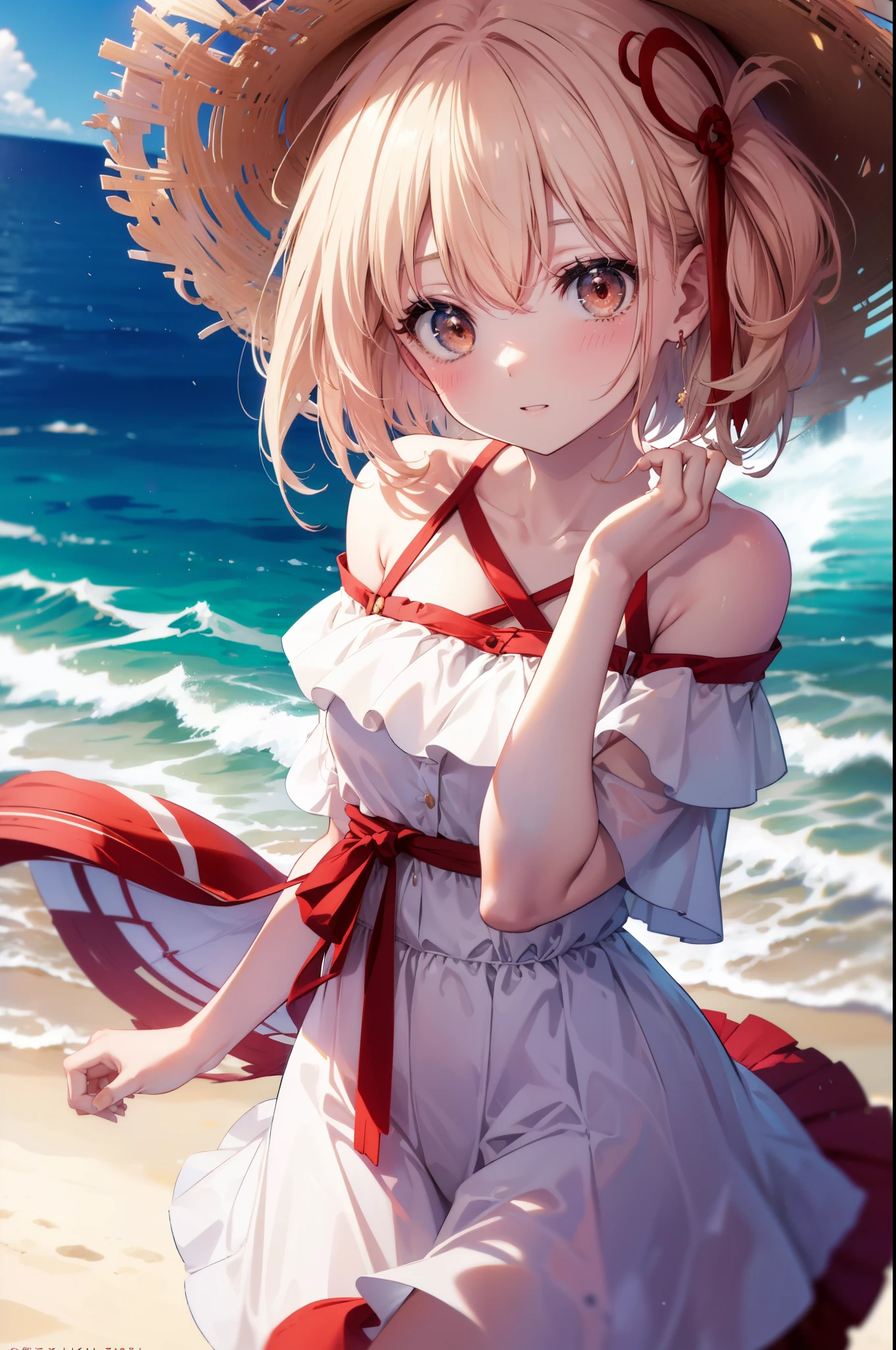 chisatonishikigi, nishikigi chisato,long hair , bangs, blonde hair, (red eyes:1.5), ,smile,blush,open your mouth,Big straw hat,off shoulder dress,long skirt,naked neck,bare shoulders,bare clavicle,Grabbing the skirt with both hands and lifting it up,barefoot,beachの砂浜を散歩しながら,Blonde hair waving in the breeze, true summer,Light of the sun,
break outdoors,beach ,
break looking at viewer, (cowboy shot:1.5),
break (masterpiece:1.2), highest quality, High resolution, unity 8k wallpaper, (figure:0.8), (detailed and beautiful eyes:1.6), highly detailed face, perfect lighting, Very detailed CG, (perfect hands, perfect anatomy),